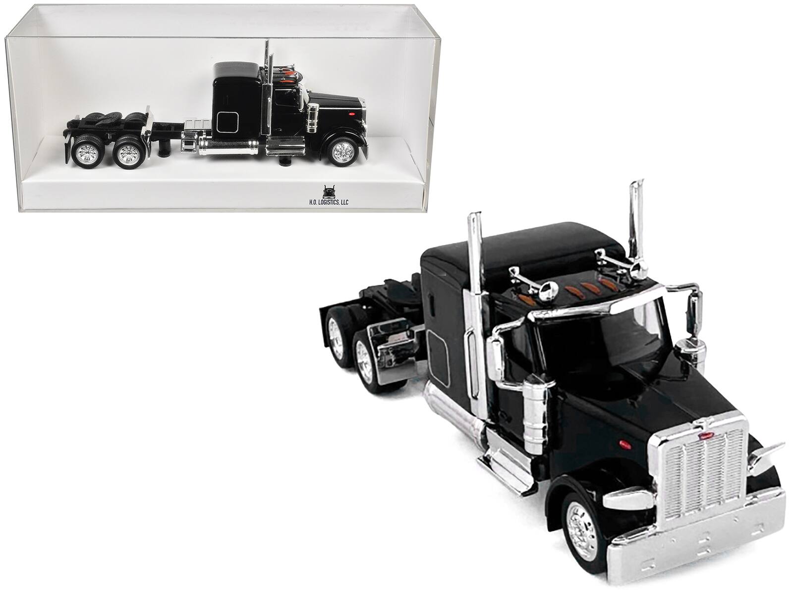 Front. HO Logistics Replicas - Peterbilt 589 Truck with 72 Inch Sleeper Black 1/87 (HO) Plastic Model Car by HO Logistics - Black.
