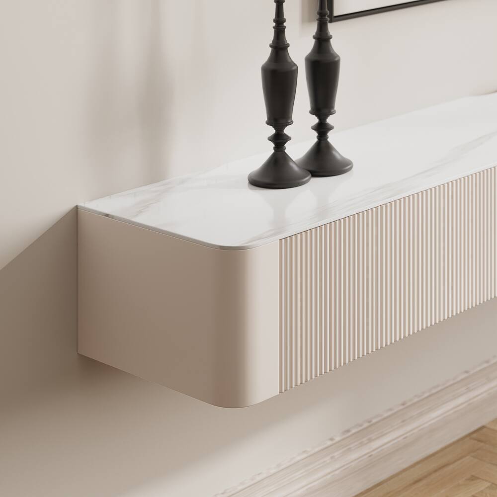 Back. POVISON - 78.7" Modern Minimalist Floating TV Stand, Fluted TV Console, Glossy Sintered Stone,Hardware Handles, Beige TV Console - Beige.