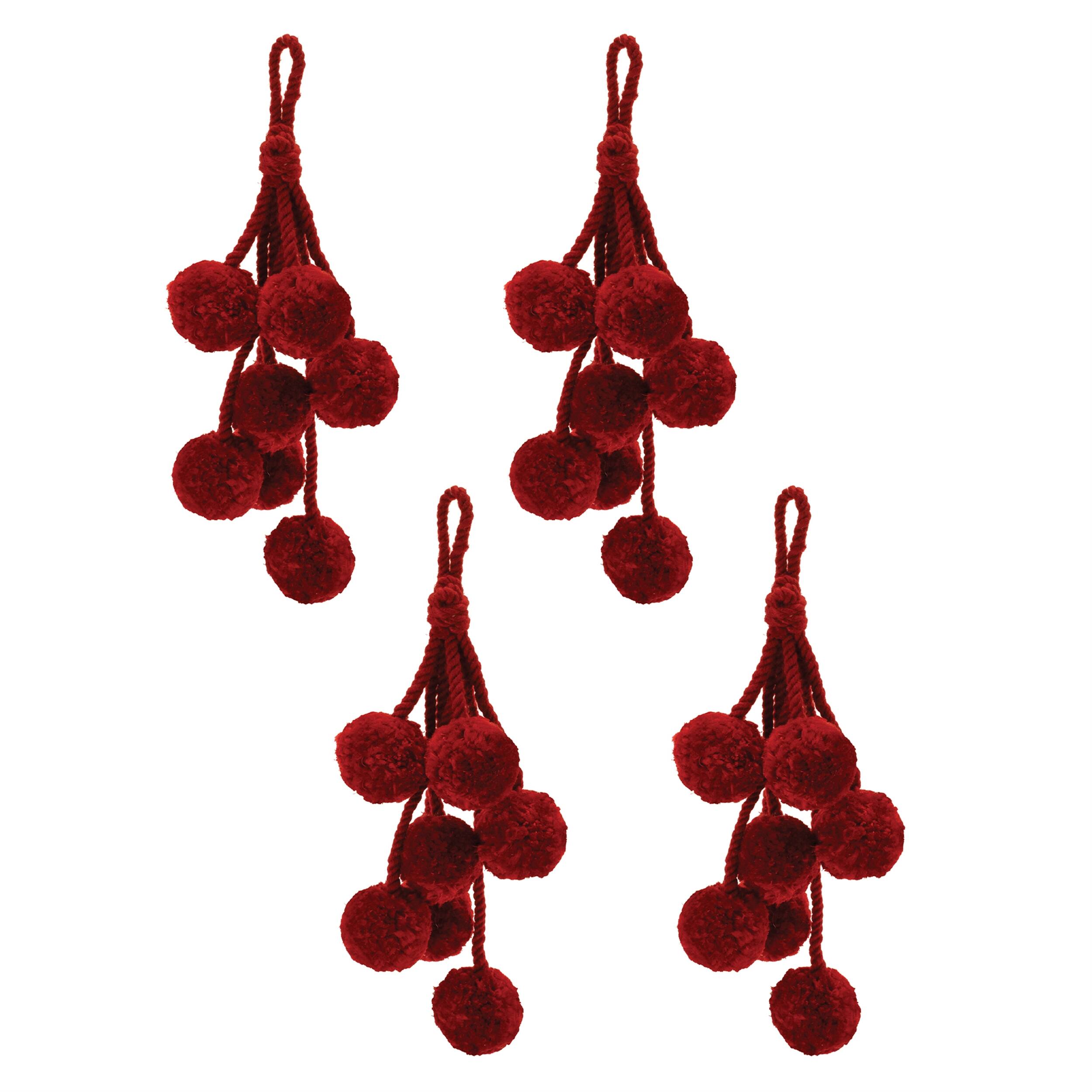 Angle. BreeBe - Burgandy Pom Pom Cluster Drop Ornament (Set of 4) - Red.