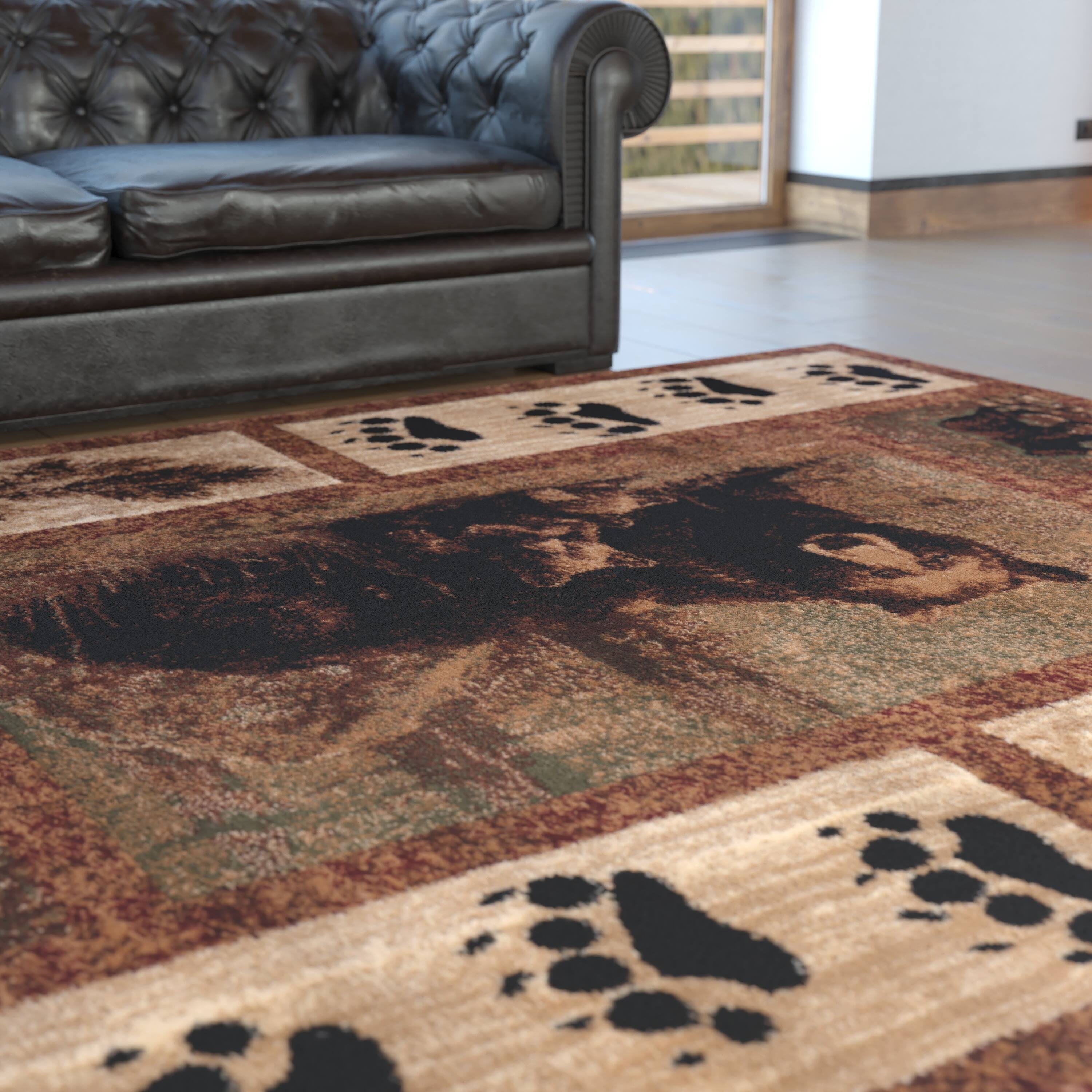 Alt View 2. Emma + Oliver - Juneau Accent Rug with Mother Brown Bear and 2 Cubs Nature Scene and Leaf and Bear Track Detailing for Home, Cabin or RV - Brown.
