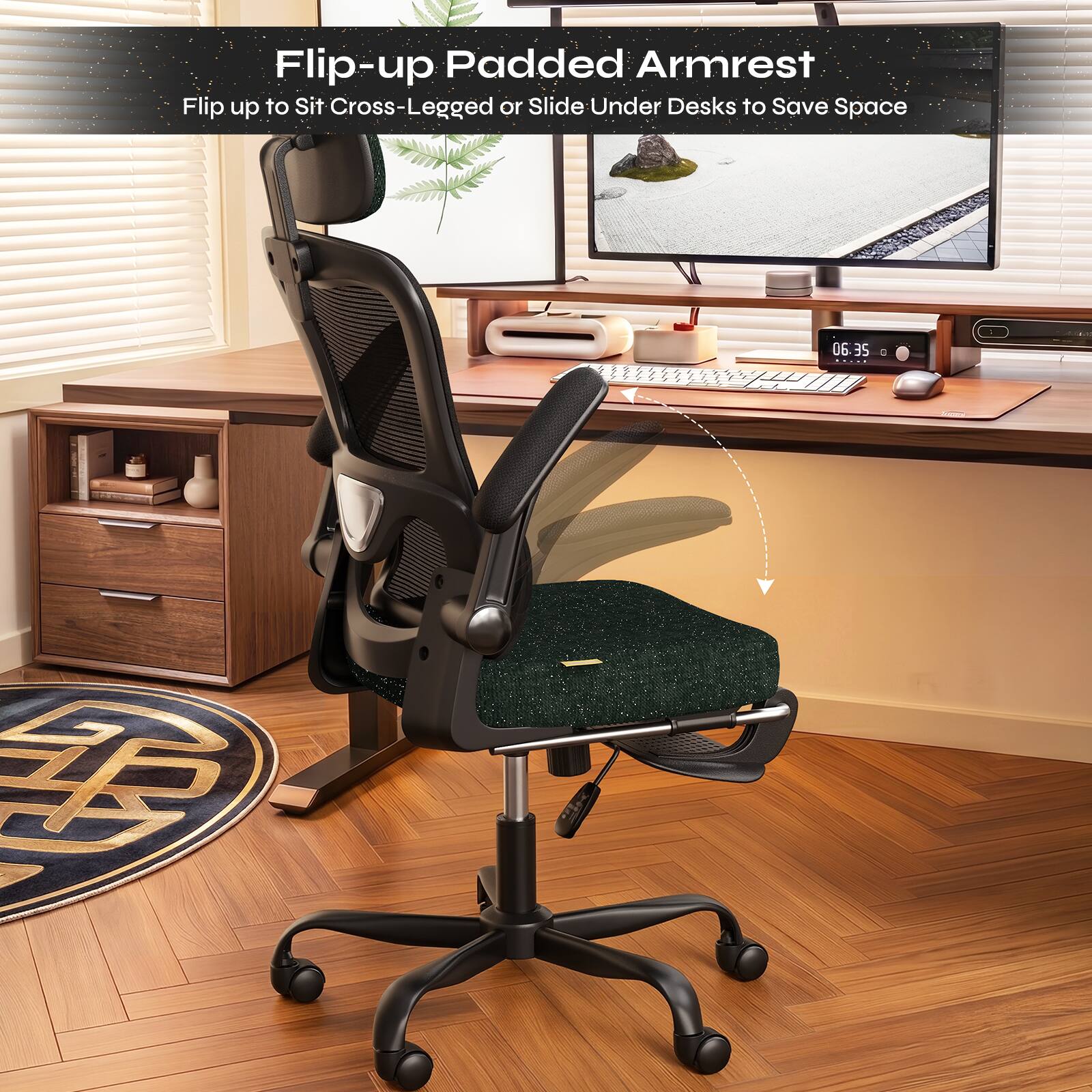 Flip-up Padded Armrest  
Flip up to Sit Cross-Legged or Slide Under Desks to Save Space