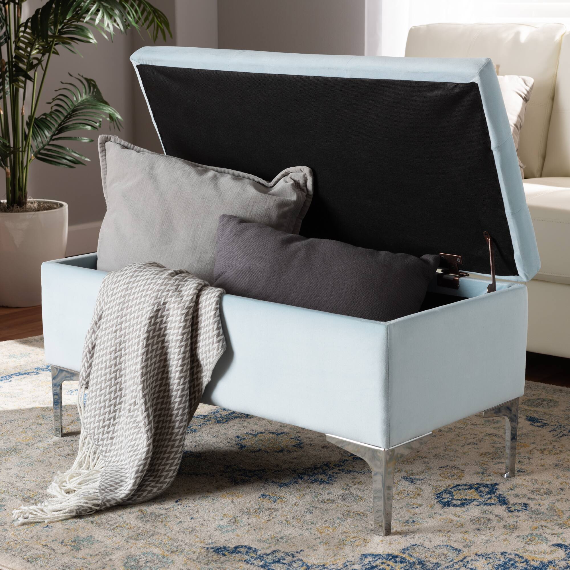 Alt View 5. Baxton Studio - Mabel Modern and Contemporary Transitional Velvet Fabric Upholstered Silver Finished Storage Ottoman - Light Blue/Silver.