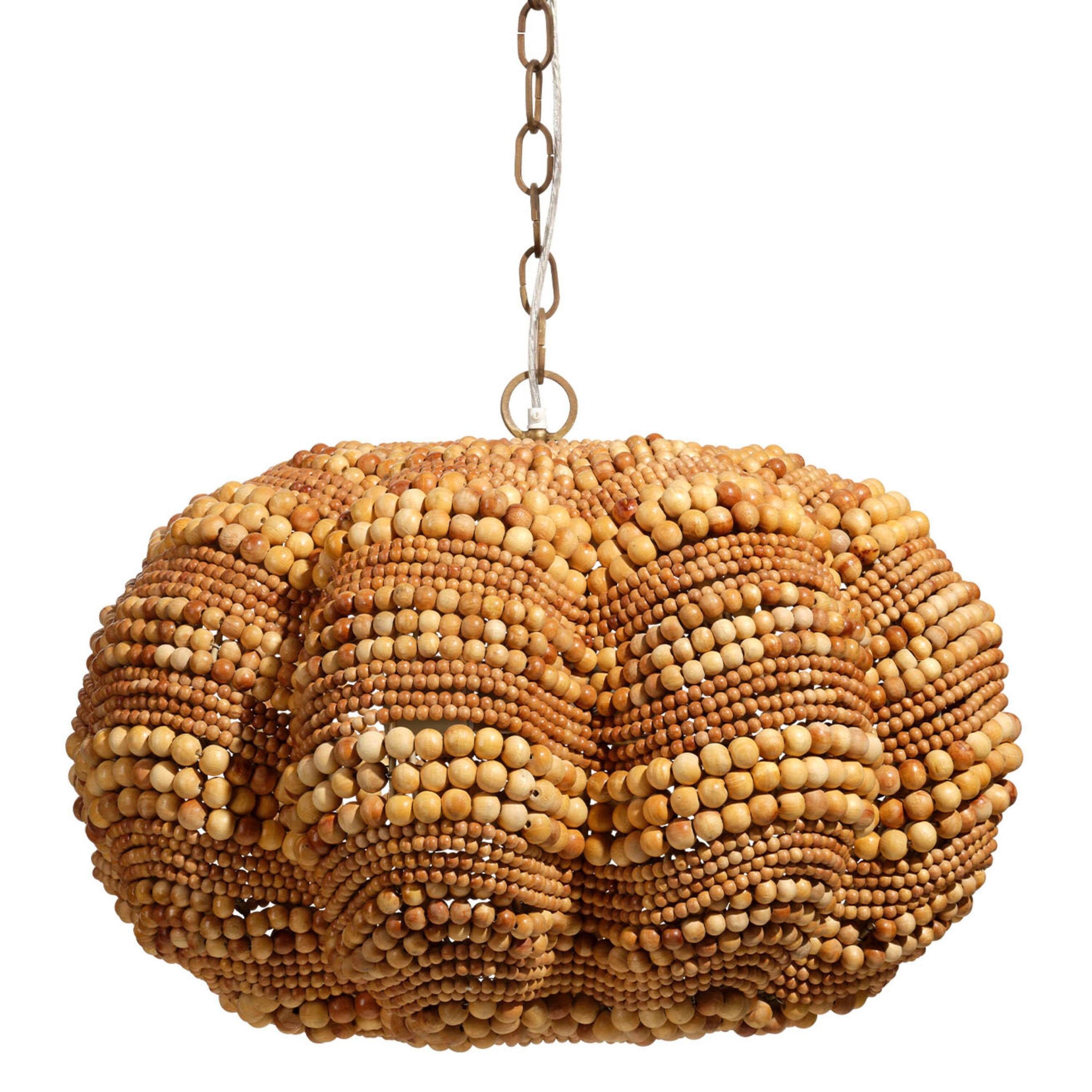 Angle. Manhattan Lane - Fero Chandelier, Natural Brown Handcarved Mango Wood Beads, 27 Inch - Natural Brown, Chrome.