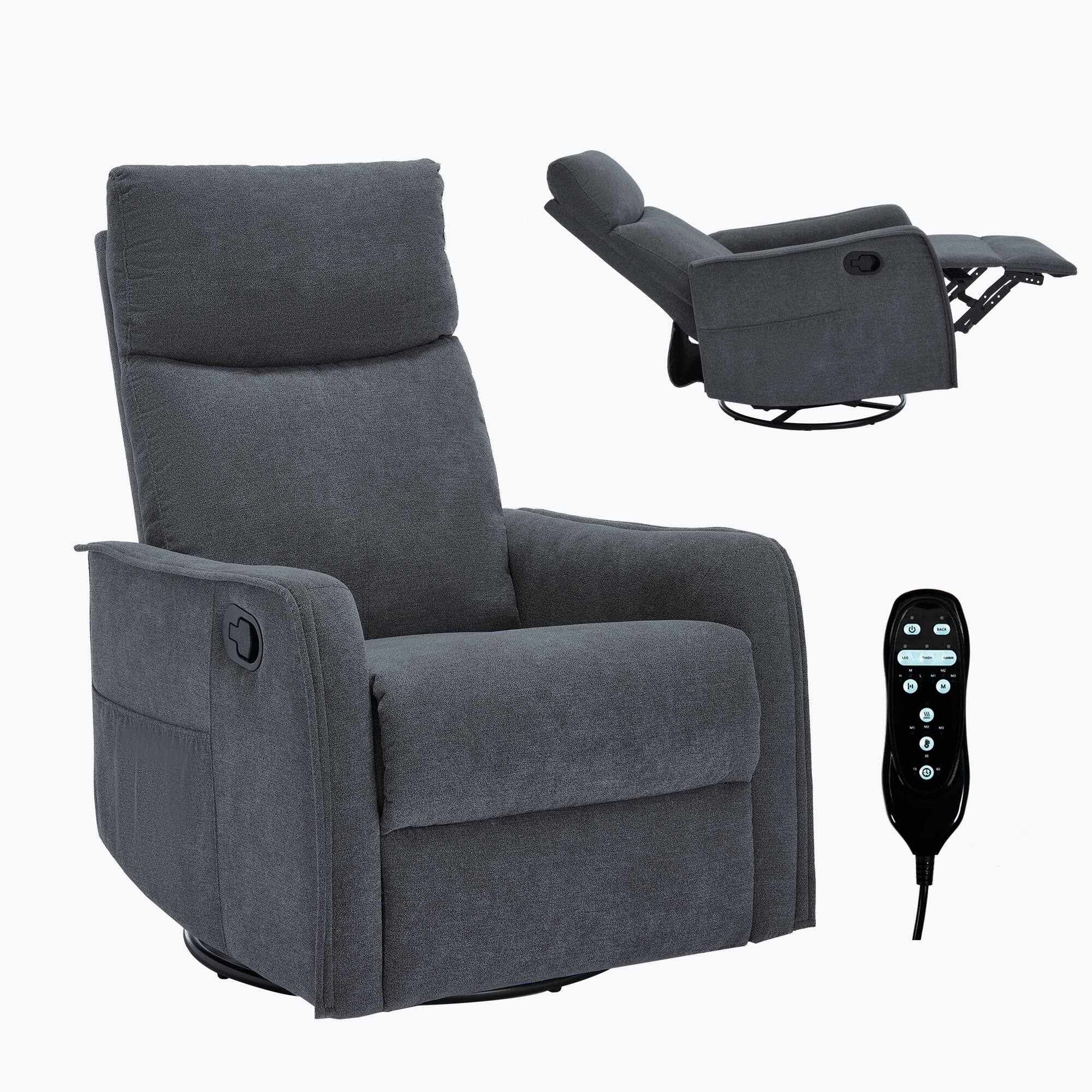 LUCKY ONE - Heat Massage Manual Recliner Chair with Rocker and Swivel - Dark Gray