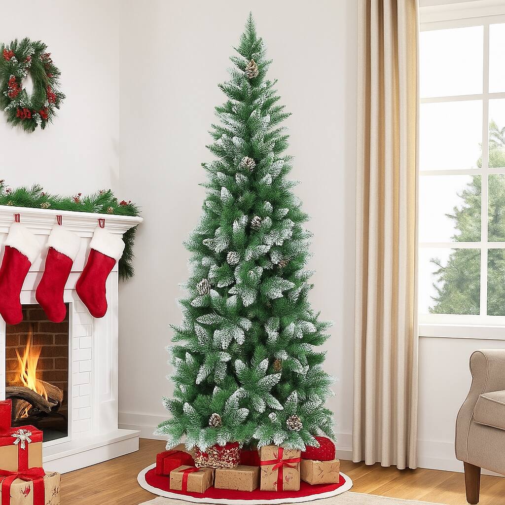 Angle. BreeBe - Artificial Pencil Tree with Pine Cone Accents – 5/6/7.5 FT Christmas Decor - Green.