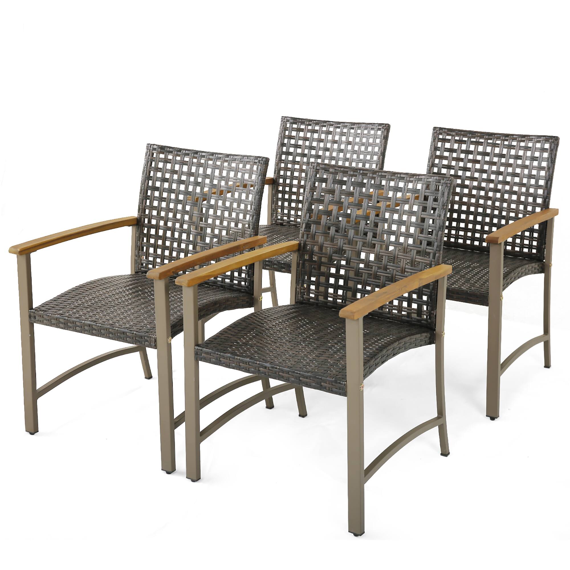 Alt View 9. Gymax - Gymax Outdoor Rattan Chair Set of 4 Patio PE Wicker Dining Chairs w/ Acacia Wood Armrests Balcony Poolside - Mix Brown, Natural, Silver.