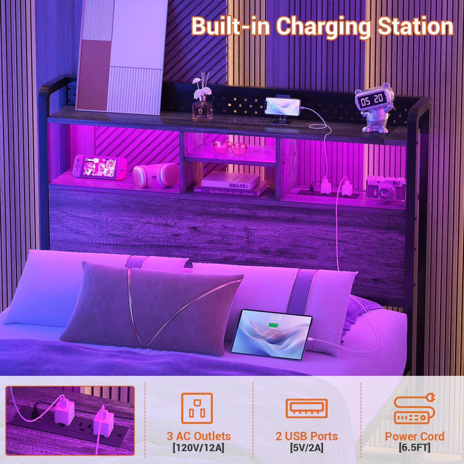 Built-in Charging Station

- 3 AC Outlets [120V/12A]
- 2 USB Ports [5V/2A]
- Power Cord [6.5FT]