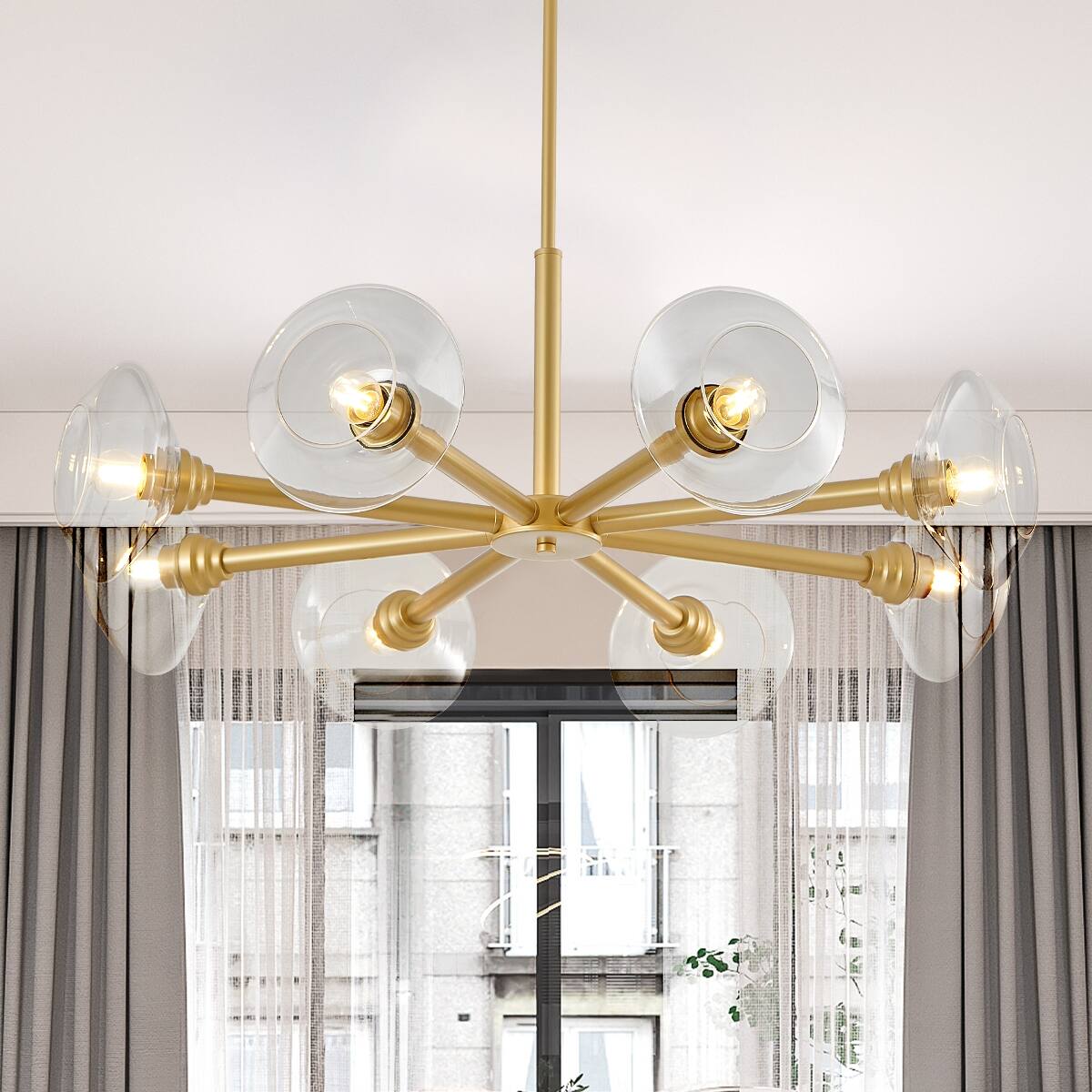 Back. Loheer - Loheer 36 inch Gold Sputnik Chandelier Eight Light Mid Century Modern Pendant with Clear Glass Shades.
