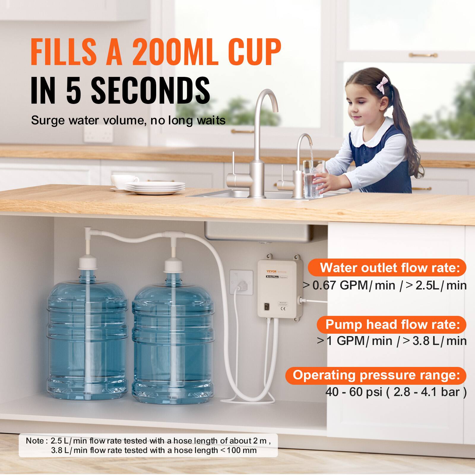 FILLS A 200ML CUP IN 5 SECONDS  
Surge water volume, no long waits

VEVOR 25

Water outlet flow rate:  
>0.67 GPM/min >2.5L/min

Pump head flow rate:  
>1 GPM/min >3.8L/min

Operating pressure range:  
40 - 60 psi (2.8-4.1 bar)

Note: 2.5 L/min flow rate tested with a hose length of about 2 m,  
3.8 L/min flow rate tested with a hose length <100 mm