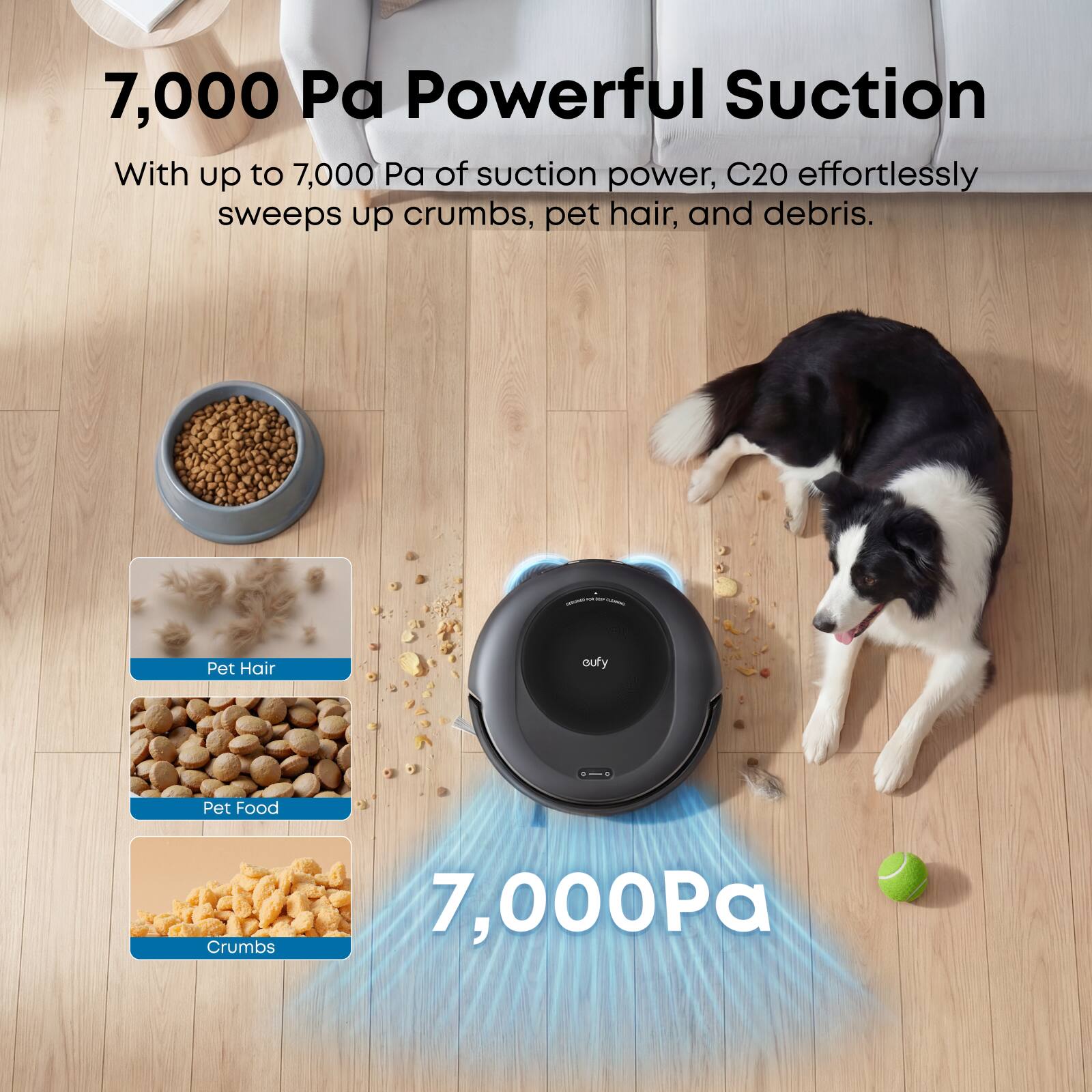 7,000 Pa Powerful Suction

With up to 7,000 Pa of suction power, C20 effortlessly sweeps up crumbs, pet hair, and debris.

- Pet Hair
- Pet Food
- Crumbs

7,000Pa