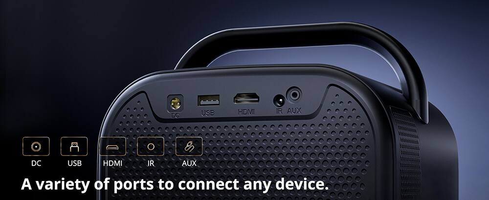 A variety of ports to connect any device. DC USB HDMI IR AUX
