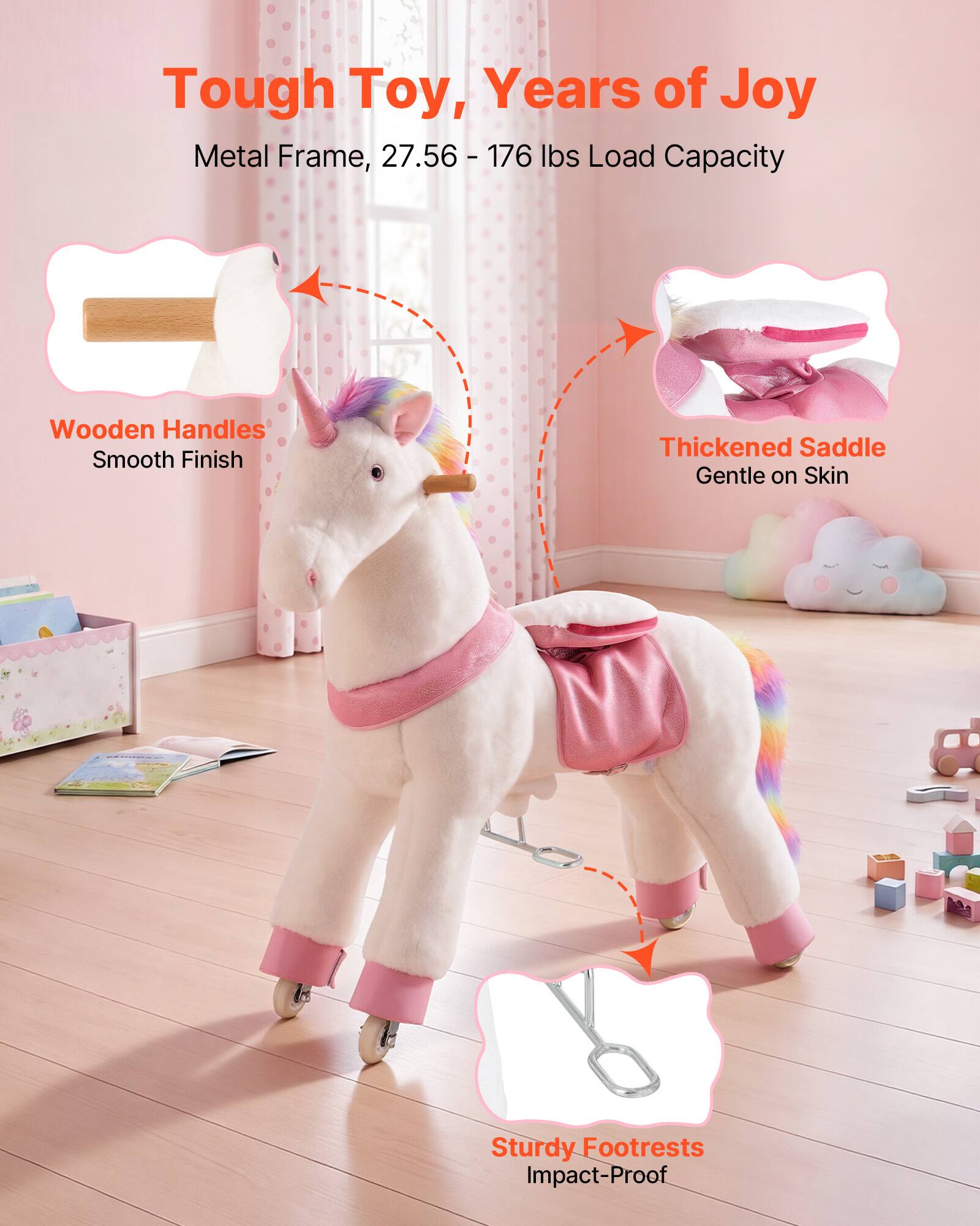 Tough Toy, Years of Joy  
Metal Frame, 27.56 - 176 lbs Load Capacity  
Wooden Handles Smooth Finish  
Thickened Saddle Gentle on Skin  
Sturdy Footrests Impact-Proof