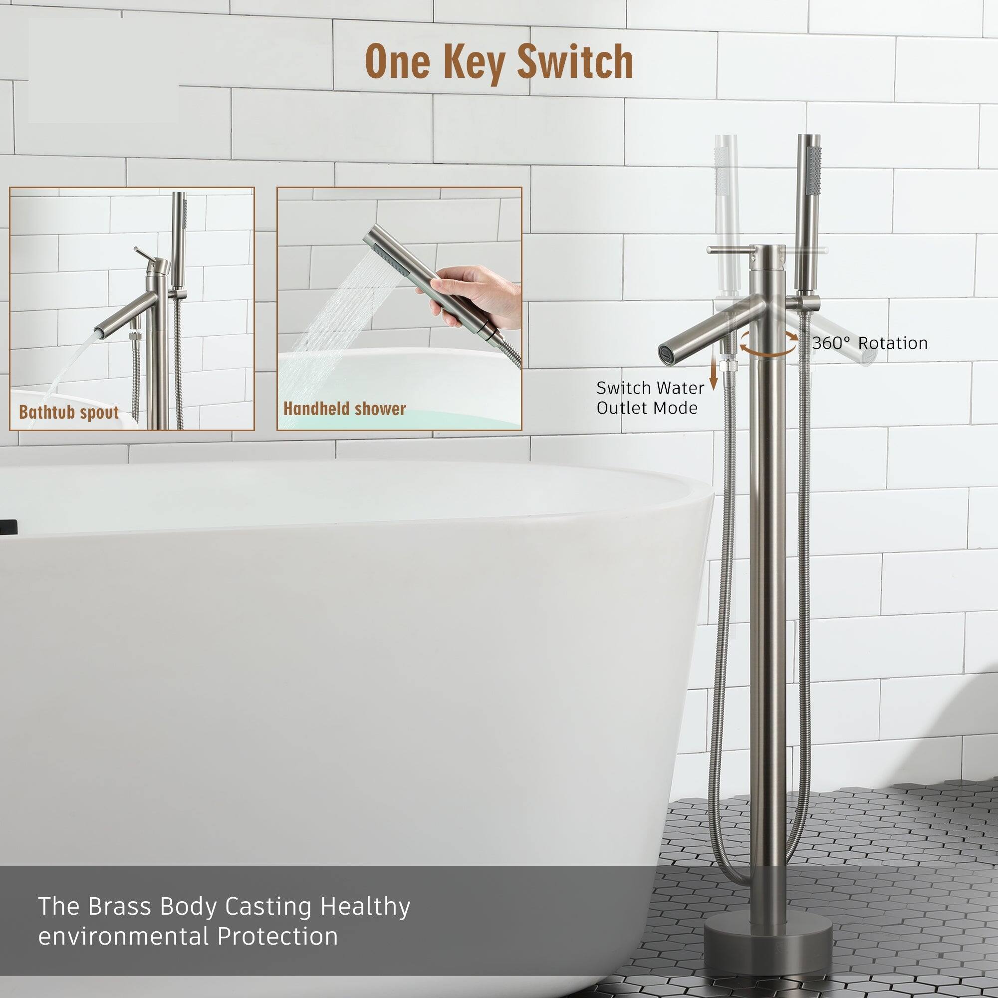 One Key Switch, 360 Rotation, Bathtub spout, Handheld shower, Switch Water Outlet Mode, The Brass Body Casting Healthy environmental Protection