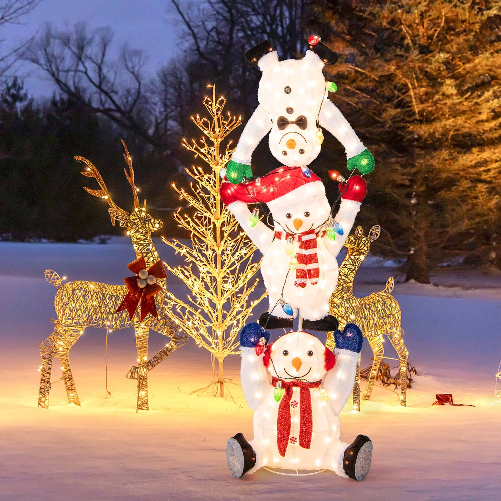 Front. Costway - 5.6 FT Pre-Lit Stacked Snowmen Christmas Decoration with LED Lights Display - Multicolor.