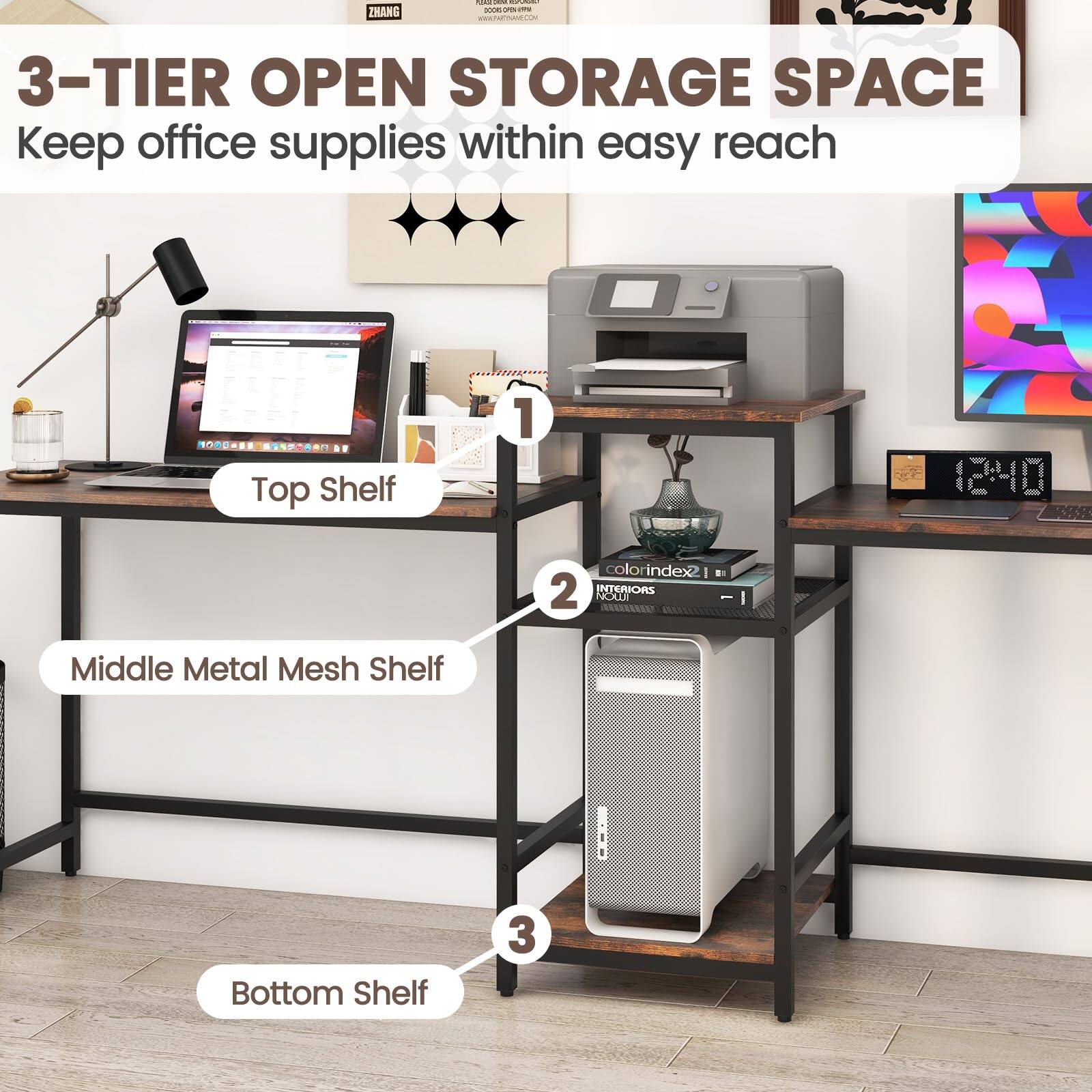 ZHANG I I - - . I ote CO 3-TIER OPEN STORAGE SPACE Keep office supplies within easy reach
Top Shelf 1
Middle Metal Mesh Shelf 2
Bottom Shelf 3