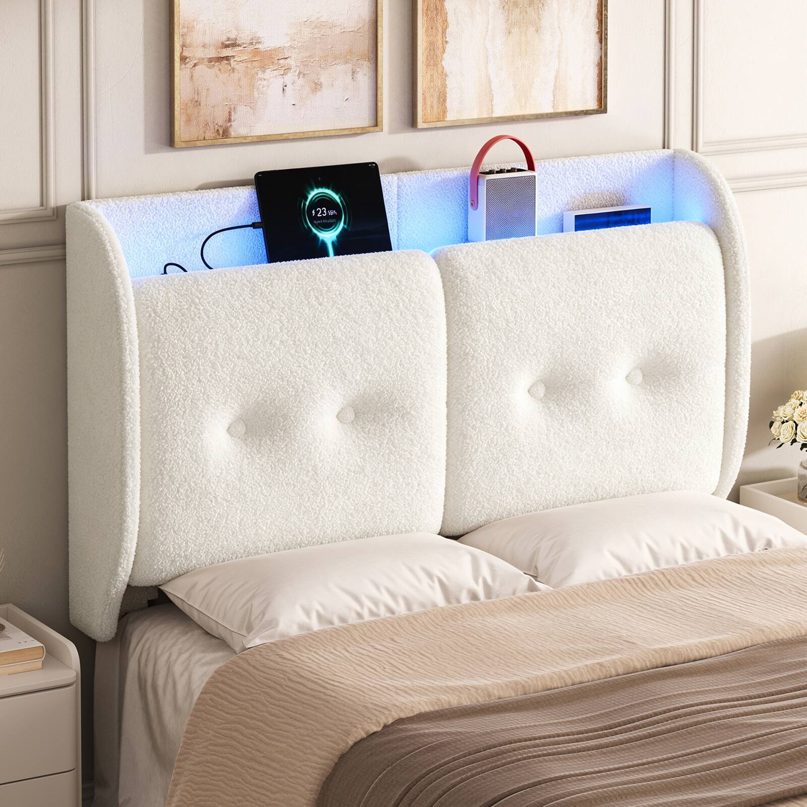 Left. Pinmoco - LED Upholstered Headboard with Storage Shelves, USB Ports - Off-white.