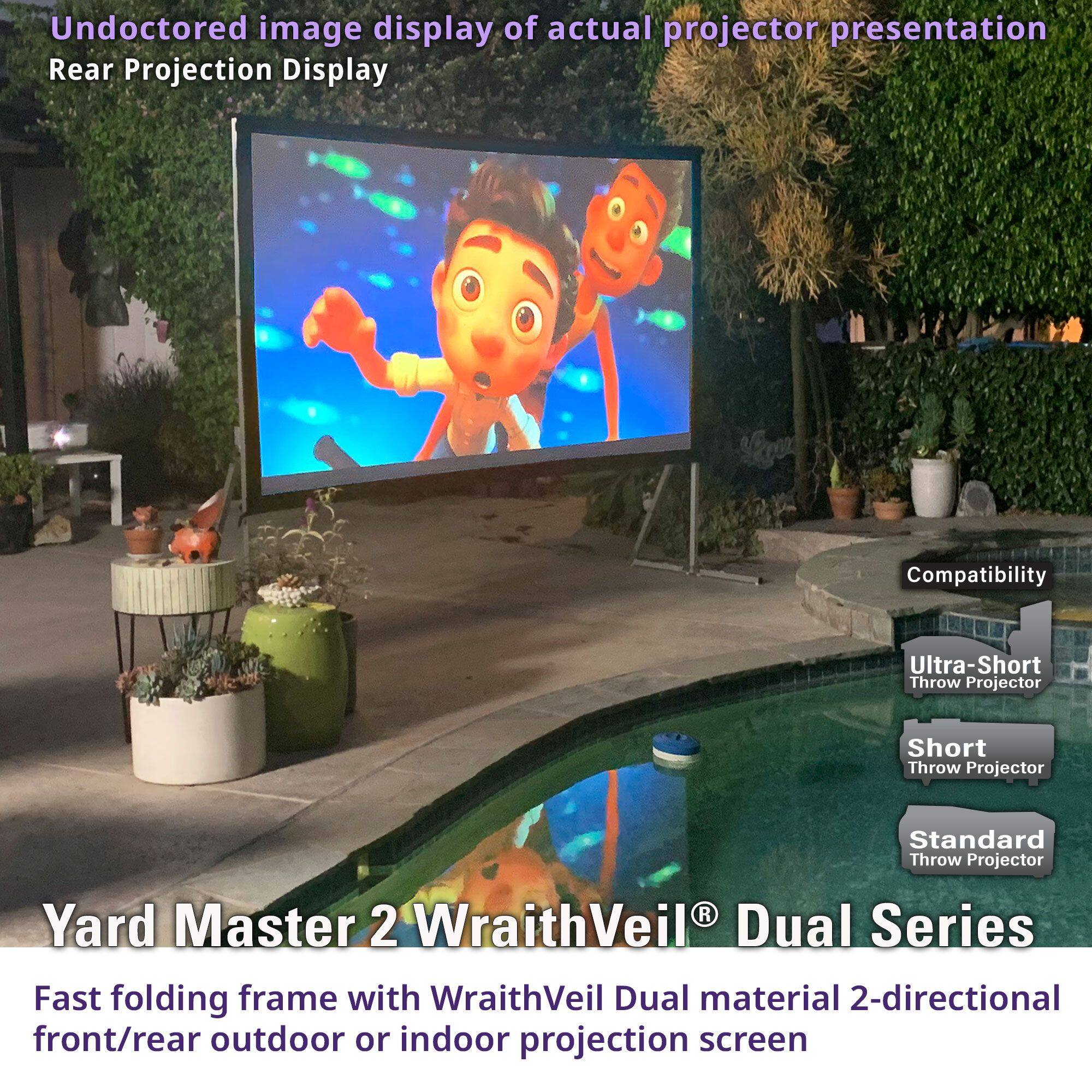 Undocored image display of actual projector presentation  
Rear Projection Display  

Yard Master 2 WraithVeil® Dual Series  
Fast folding frame with WraithVeil Dual material 2-directional front/rear outdoor or indoor projection screen  

Compatibility  
- Ultra-Short Throw Projector  
- Short Throw Projector  
- Standard Throw Projector