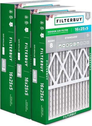 FILTERBUY 16x25x5 MERV 8
INDOOR AIR FILTER
SUITABLE FOR BOTH RESIDENTIAL & COMMERCIAL USE
MADE IN THE USA
3 PACK
ACTUAL SIZE: 15-3/4x24-3/4x4-3/8
