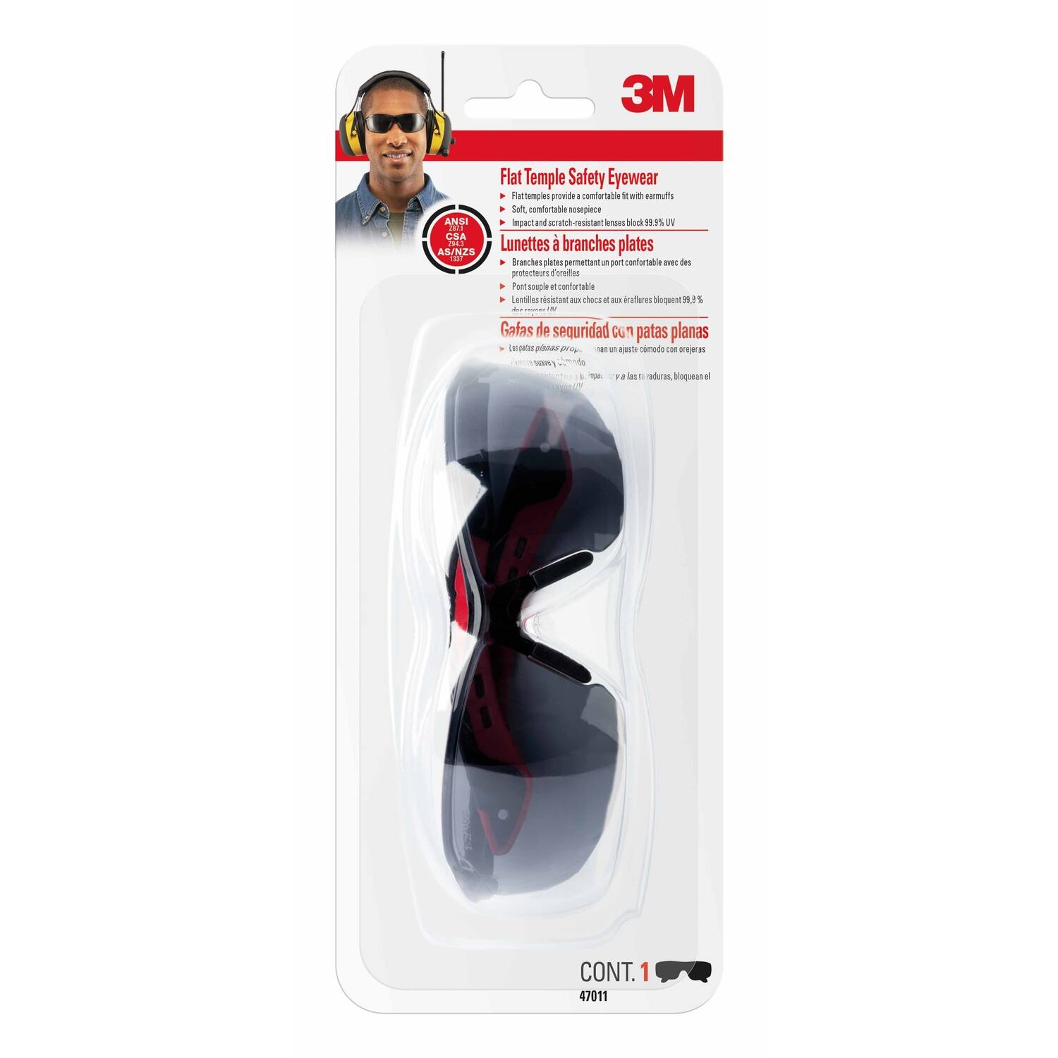 3M ANSI CSA TAT AS/NZS. Flat Temple Safety Eyewear Rattenple provide a comfortable fit with soft, non-pinch temples. Soft and scratch-resistant lenses block 99.9% UV. Lentes à branches plates. Lunettes de sécurité avec des branches plates. Gafas de seguridad con patas planas.