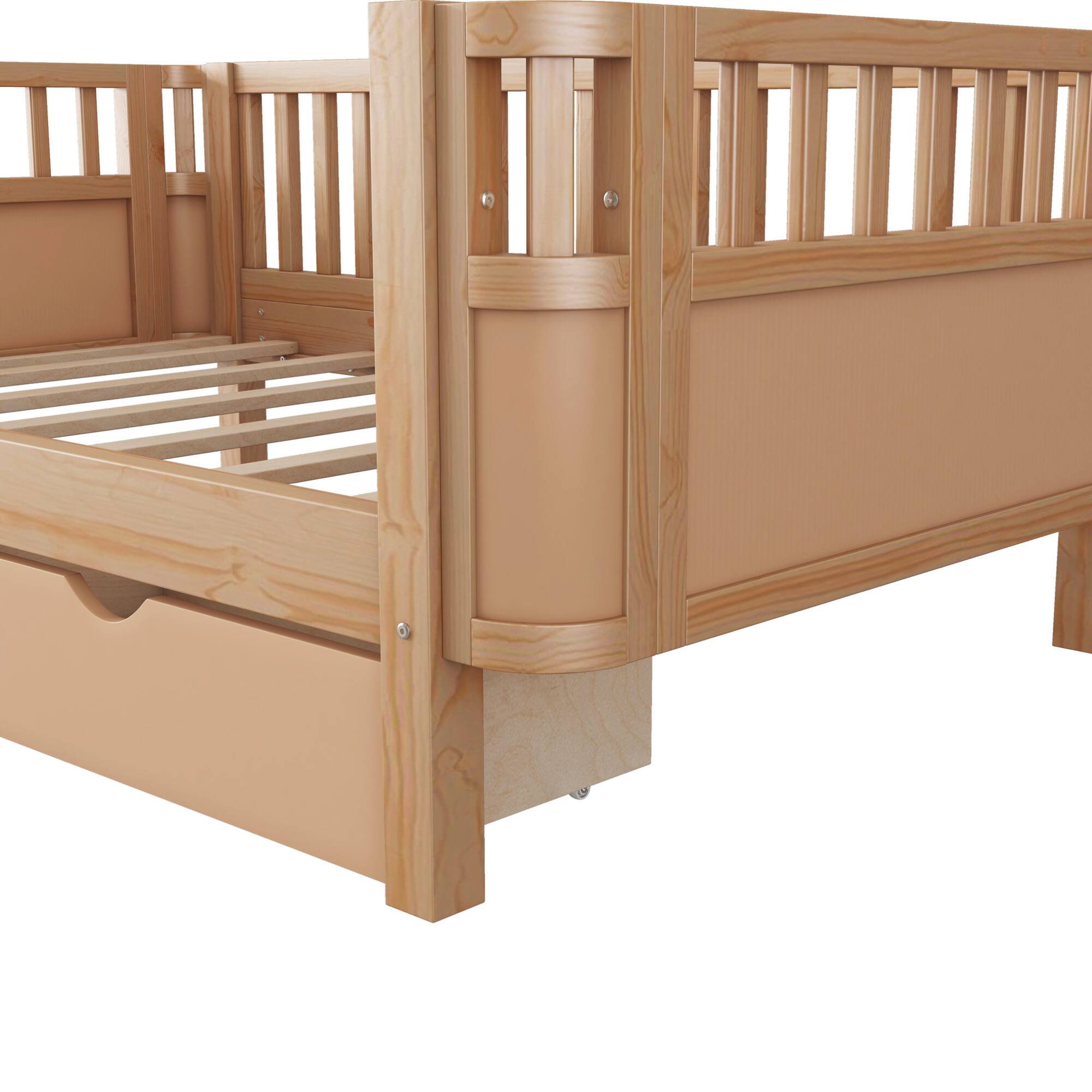 Alt View 4. GOODSILO - Twin Size Wood Platform Bed with Safety Rails for Kids, Low Profile Design with Storage Drawers and Modern Style - Natural.