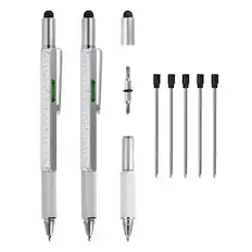 Front. Unique Bargains - 2pcs 6 in 1 Metal Multitool Tech Tool Pen with Ballpoint Pen, Ruler, Screwdriver, Stylus, Level Gauge, Refills - Silver.