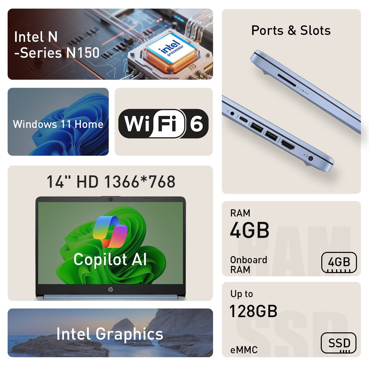 Intel N-Series N150  
Windows 11 Home  
Wi-Fi 6  
14" HD 1366*768  
Copilot AI  
Intel Graphics  
Ports & Slots  
RAM: 4GB Onboard RAM  
Up to 128GB eMMC SSD