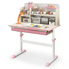 Gymax - Kids Multifunctional Study Table Study Desk w/ Tiltable Desktop Book Stand - Pink