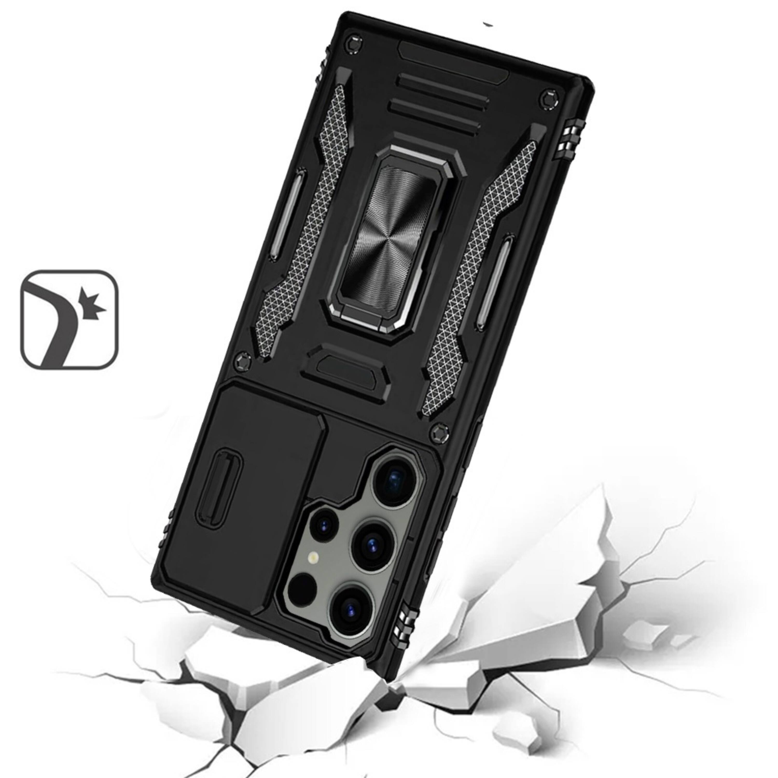 Left. Kitcheniva - Sliding Lens Cover Magnetic Ring Stand Case With Tempered Glass For Samsung S25 Ultra Cosmic Orange - Cosmic Orange.