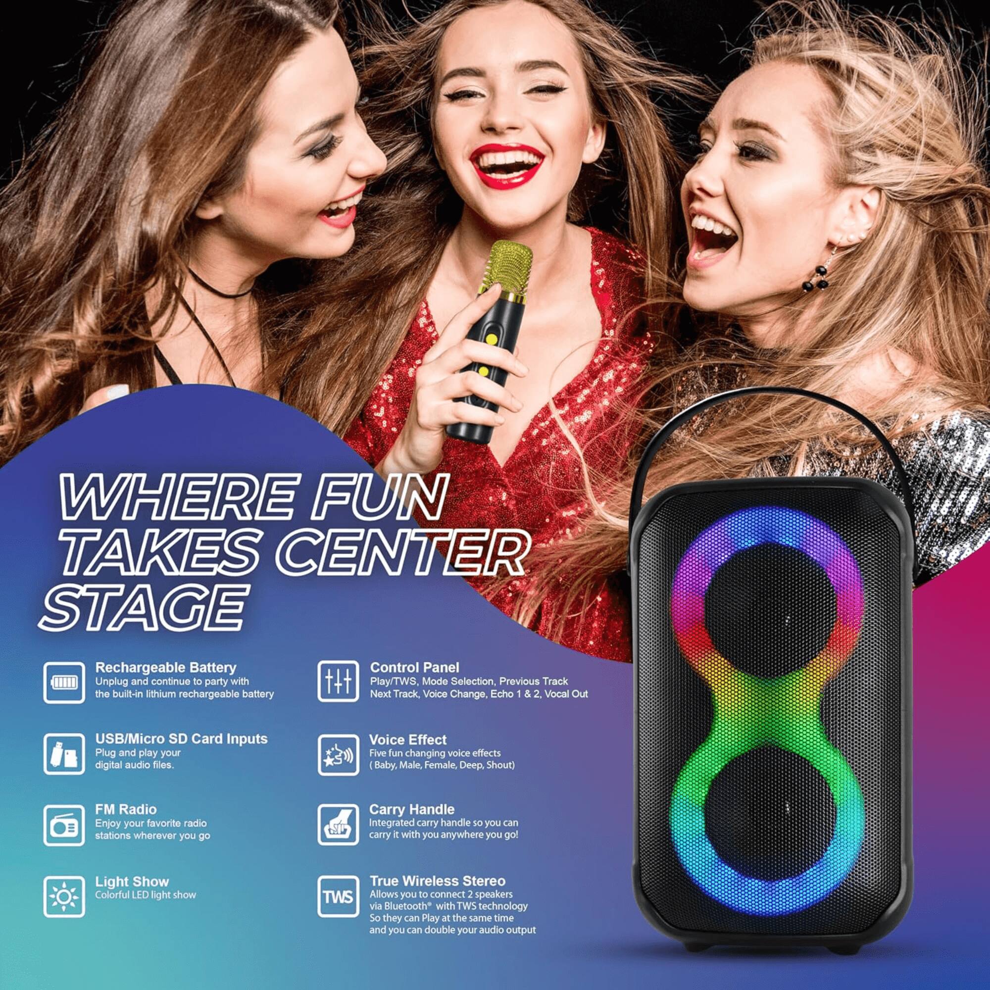 WHERE FUN TAKES CENTER STAGE

- Rechargeable Battery
  - The Unplug built-in lithium rechargeable battery allows you to continue to party with t+t

- USB/Micro SD Card Inputs
  - Plug and play your digital audio files

- FM Radio
  - Enjoy your favorite radio stations wherever you go

- Light Show
  - Colorful LED light show

- Control Panel
  - Play/TWS, Mode Selection, Echo, Previous Track, 1 & 2, Vocal Out

- Voice Effect
  - Five fun changing voice effects (Baby, Male, Female, Deep, Shout)

- Carry Handle
  - Integrated carry handle so you can carry it with you anywhere you go

- True Wireless Stereo (TWS)
  - Allows you to connect 2 speakers via Bluetooth with TWS technology so they can play at the same time and you can double your audio output