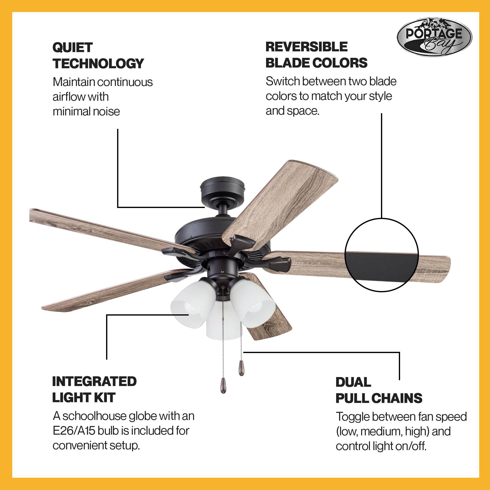 QUIET TECHNOLOGY  
Maintain continuous airflow with minimal noise  

REVERSIBLE BLADE COLORS  
Switch between two blade colors to match your style and space.  

INTEGRATED LIGHT KIT  
A schoolhouse globe with an E26/A15 bulb is included for convenient setup.  

DUAL PULL CHAINS  
Toggle between fan speed (low, medium, high) and control light on/off.