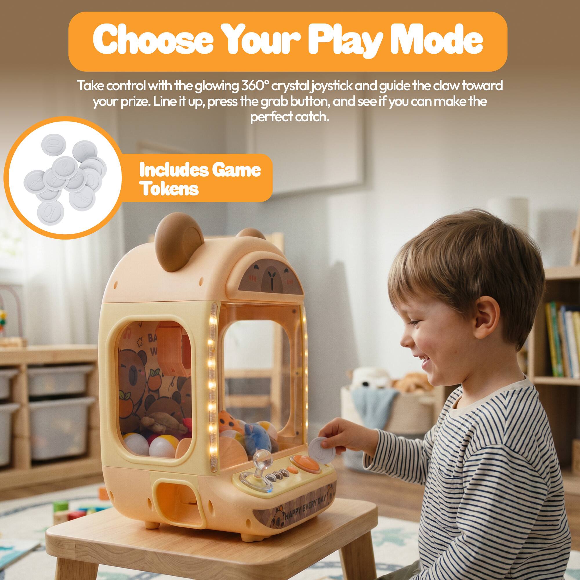 Choose Your Play Mode

Take control with the glowing 360° crystal joystick and guide the claw toward your prize. Line it up, press the grab button, and see if you can make the perfect catch.

Includes Game Tokens
