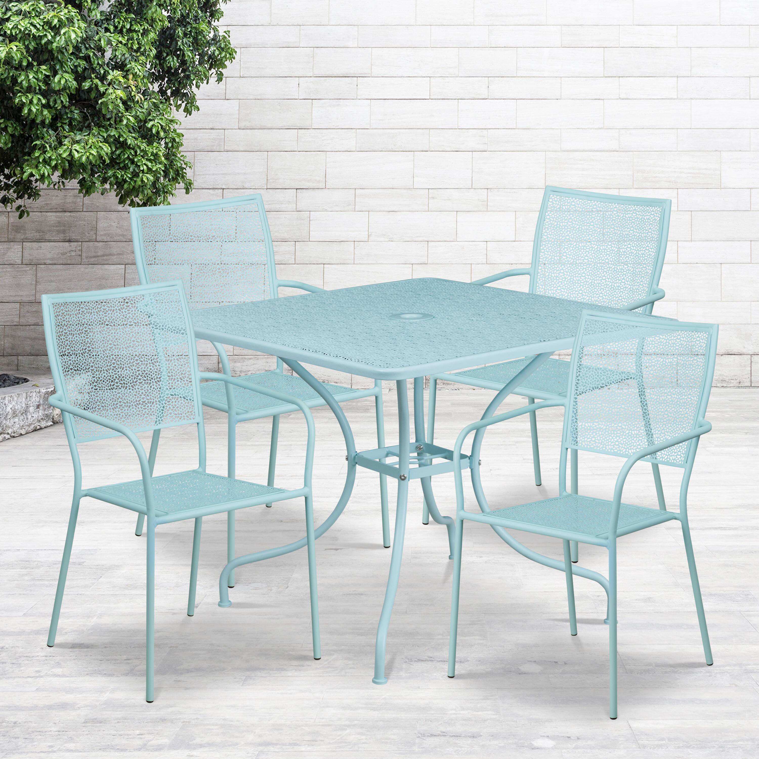 Alt View 1. Emma + Oliver - Commercial Grade 35.5" Square Metal Garden Patio Table Set, 4 Square Back Chairs - Sky Blue.