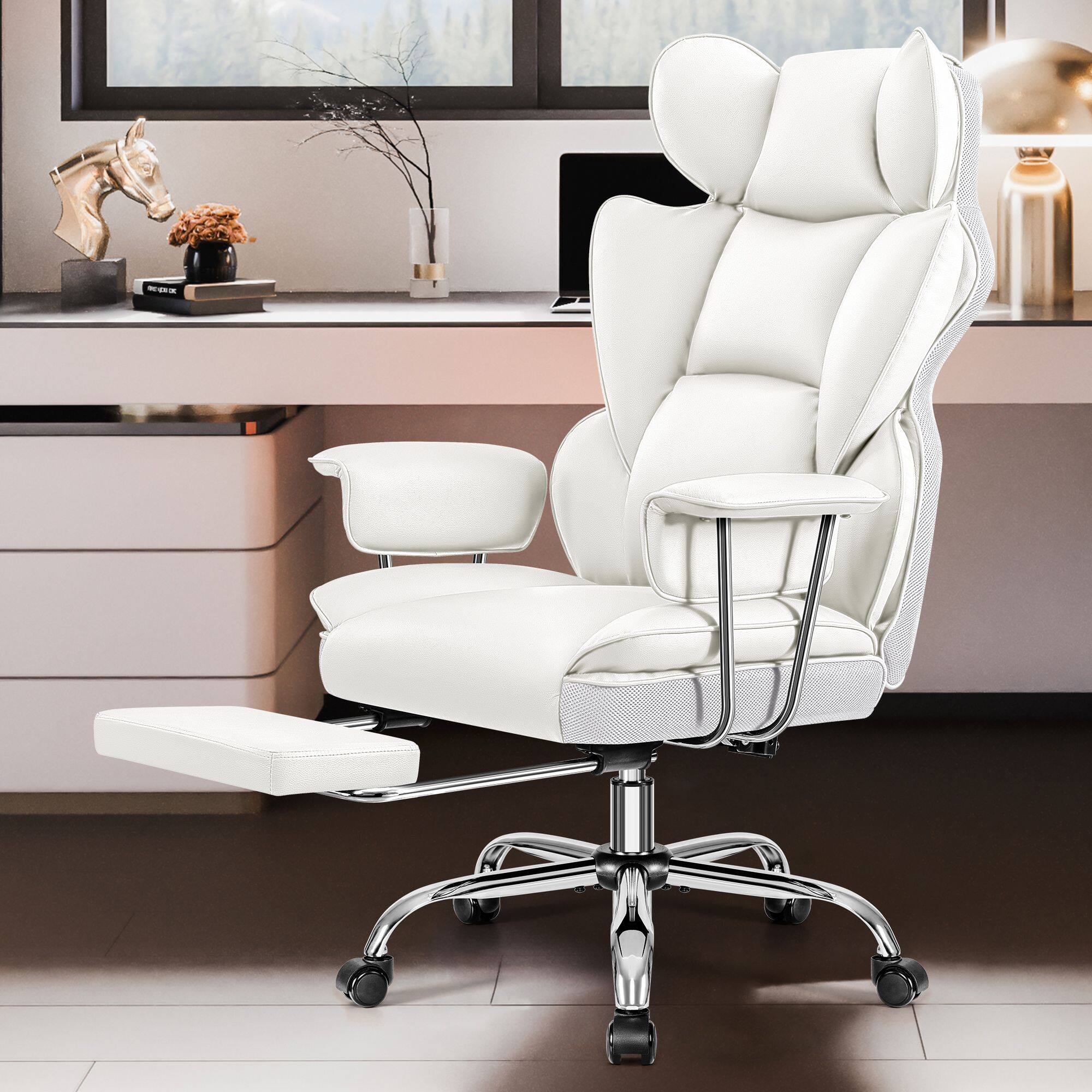 Alt View 3. Brick Attic - 500LBS Big & Tall Office Chair, Leather Gaming Chair with Footrest, Adjustable Height & Lumbar Support - White - White.