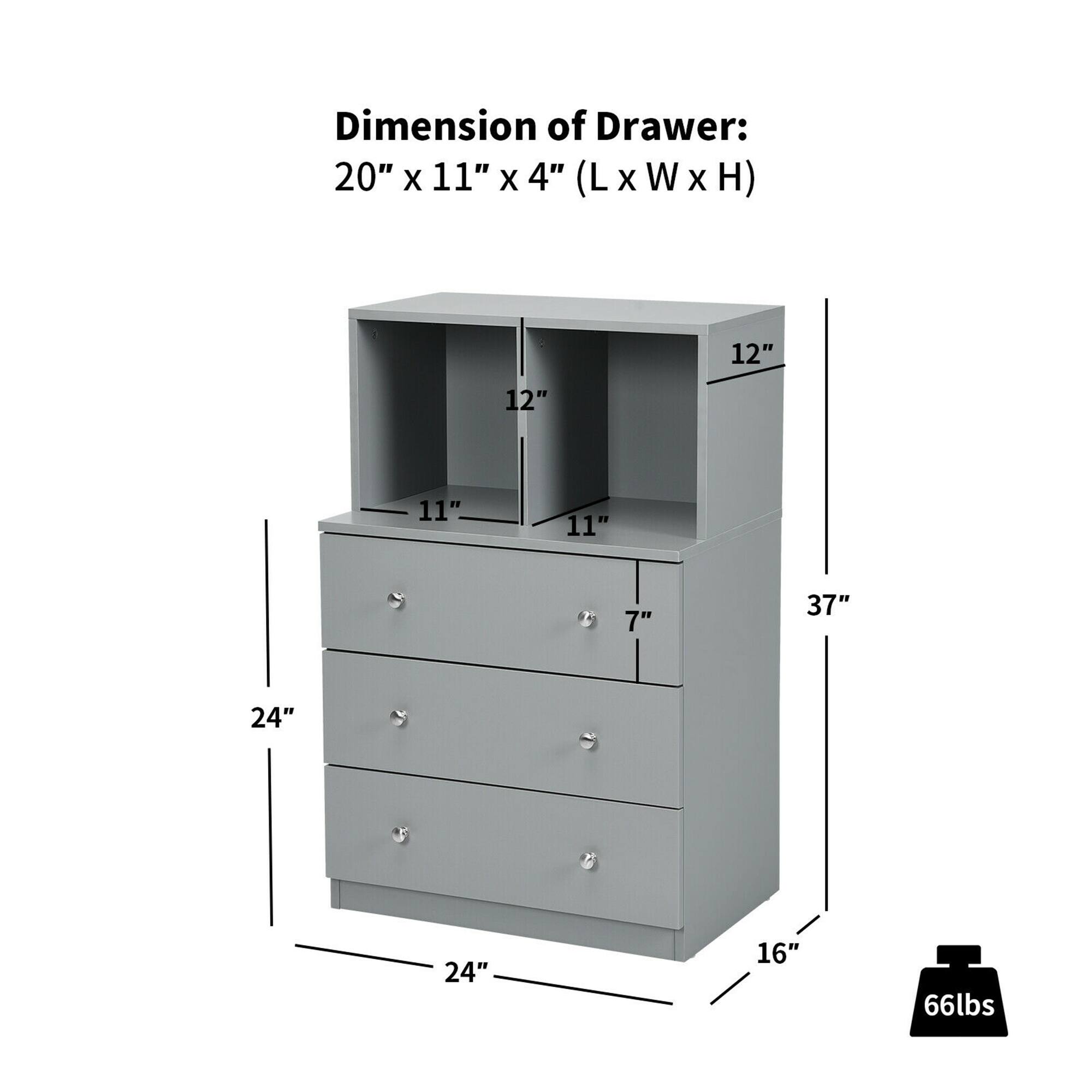 Dimension of Drawer: 20" x 11" x 4" (L x W x H)

Overall Dimensions: 24" x 16" x 37"

Weight: 66 lbs