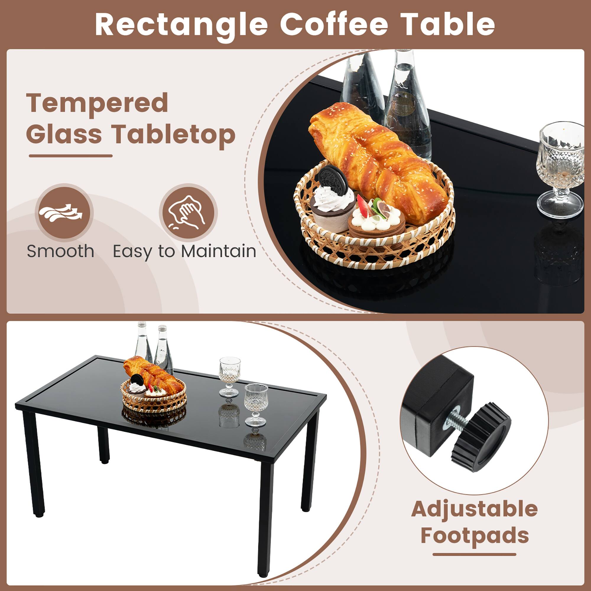 Rectangle Coffee Table, Tempered Glass Tabletop, Smooth, Easy to Maintain, Adjustable Footpads