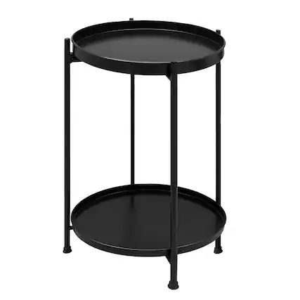 Front. Manhattan Lane - Vica 15 Inch Modern Side End Table, Metal Round Tray Top, Foldable Legs - Black.