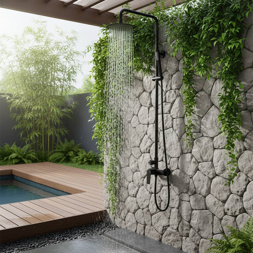 Alt View 3. Dazzed Corner - Wall Mount Outdoor Shower Kit, Single Handle Brass Valve with 8” Rain Head & Handheld - Matte Black.