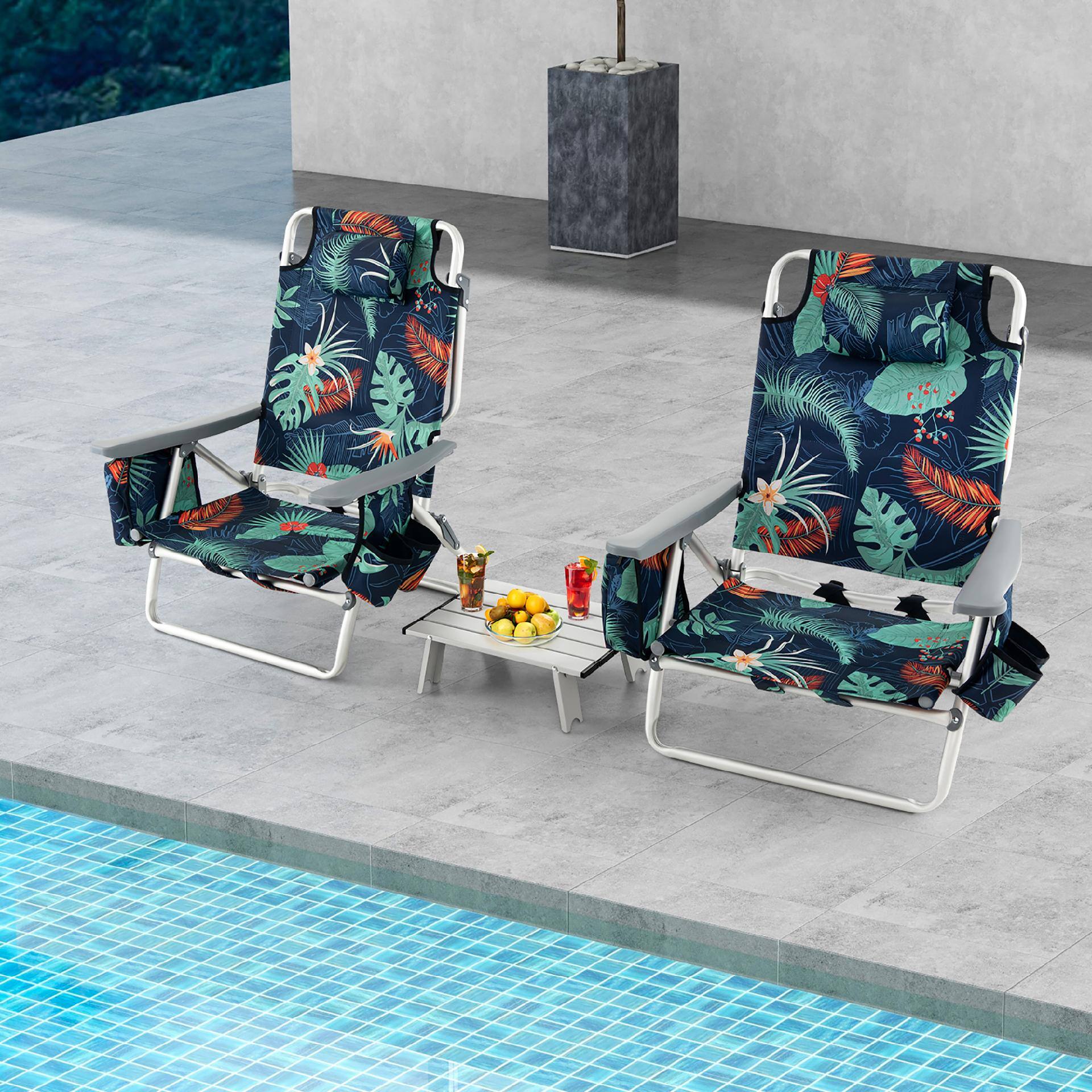 Alt View 1. Gymax - Gymax 2-Pack Folding Backpack Beach Chair Table Set 5-Position Outdoor Reclining Chair - Flower.
