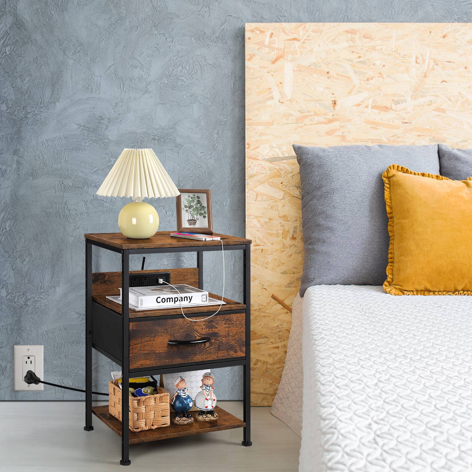 Front. Oumilen - Set of 2 Rustic Brown Nightstands with Charging Station – Industrial End Table with 1 Fabric Drawer & Open Shelf, AC/USB - Brown.