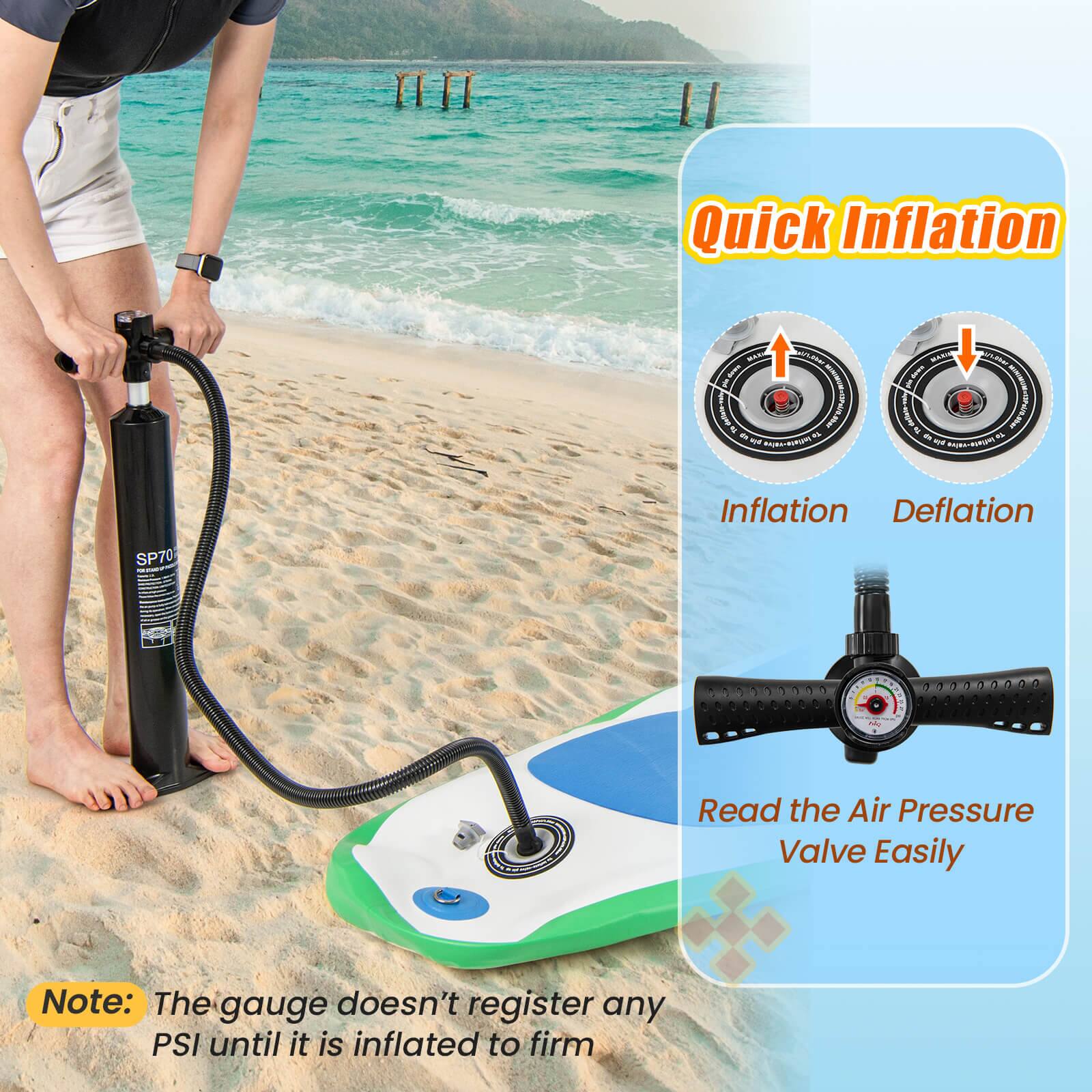 Quick Inflation - EA I (Inflation Deflation SP70) - Read the Air Pressure Valve Easily. Note: The gauge doesn't register any PSI until it is inflated to firm.