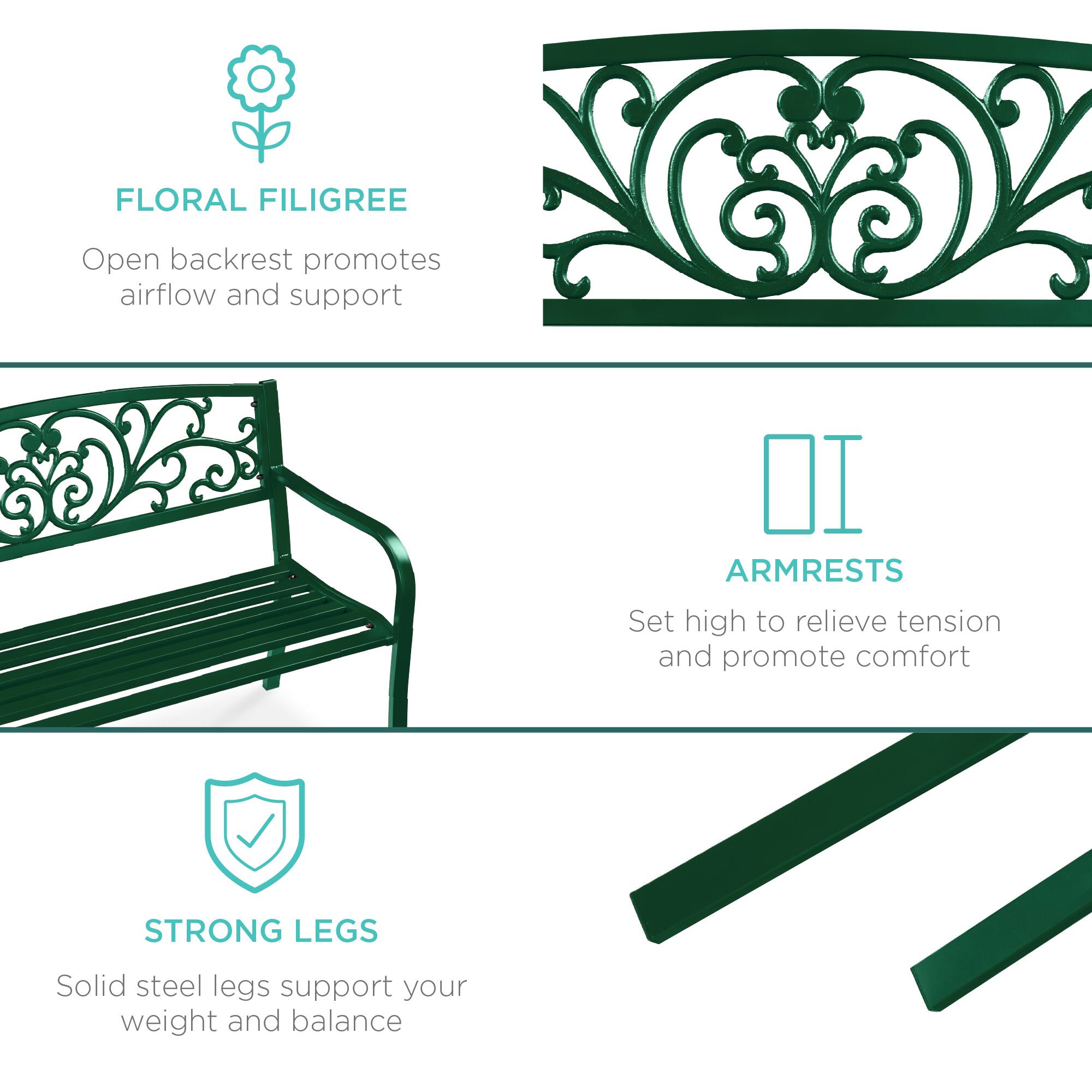 FLORAL FILIGREE  
Open backrest promotes airflow and support  

ARMRESTS  
Set high to relieve tension and promote comfort  

STRONG LEGS  
Solid steel legs support your weight and balance