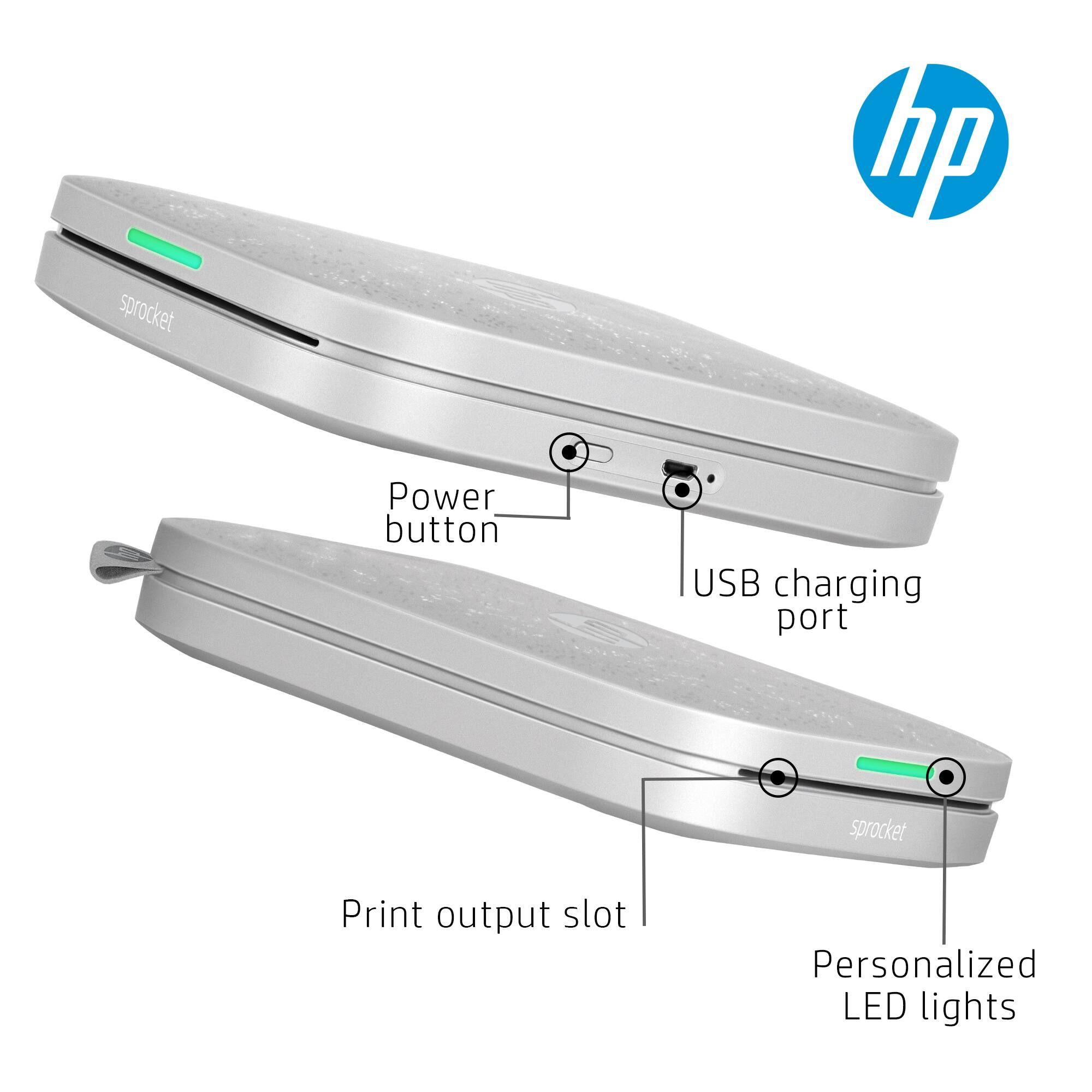 The image shows two HP sprocket devices, which are personalized LED lights. Each device has a power button and a USB charging port. Additionally, there is a print output slot on each device.