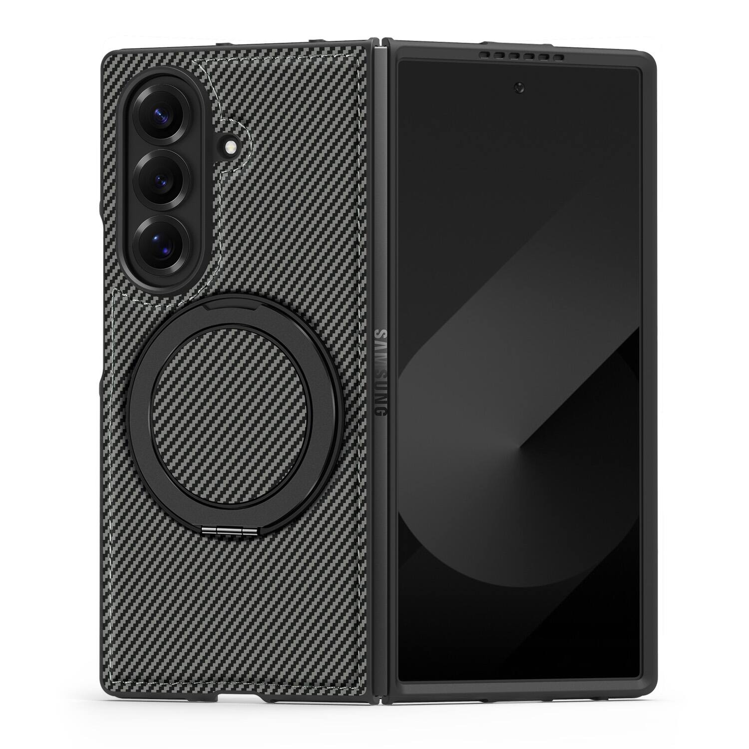 Angle. Dteck - Magnetic Case for Samsung Galaxy Z Fold7,Shockproof Hard PC Back Cover,Rugged Phone Cover with Rotatable Metal Kickstand - Gray.
