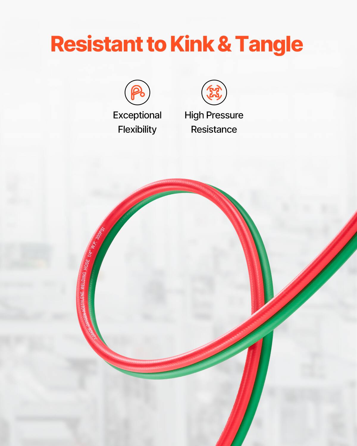 Resistant to Kink & Tangle  
Exceptional Flexibility  
High Pressure Resistance 300PSI  
1/4" HOSE  
WELDING OXYGEN-ACETYLENE  
T-GRADE