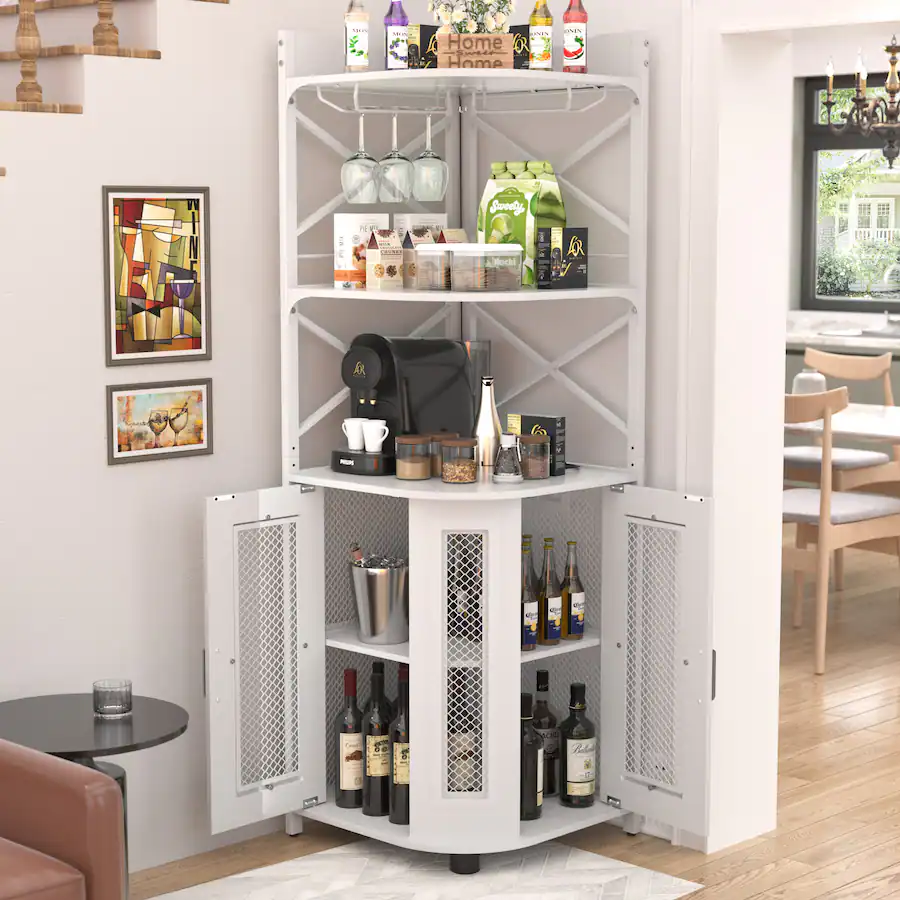 Aheaplus Industrial 5 Tiers Corner Bar/Wine/Liquor Cabinet with Power ...