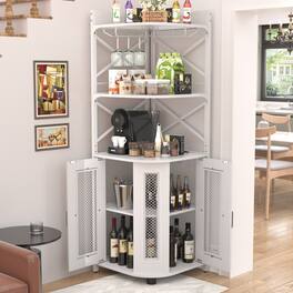 Aheaplus - Industrial 5-Tiers Corner Bar/Wine/Liquor Cabinet with Power Outlet, LED Strip & Glass Holder for Home Small Space - White