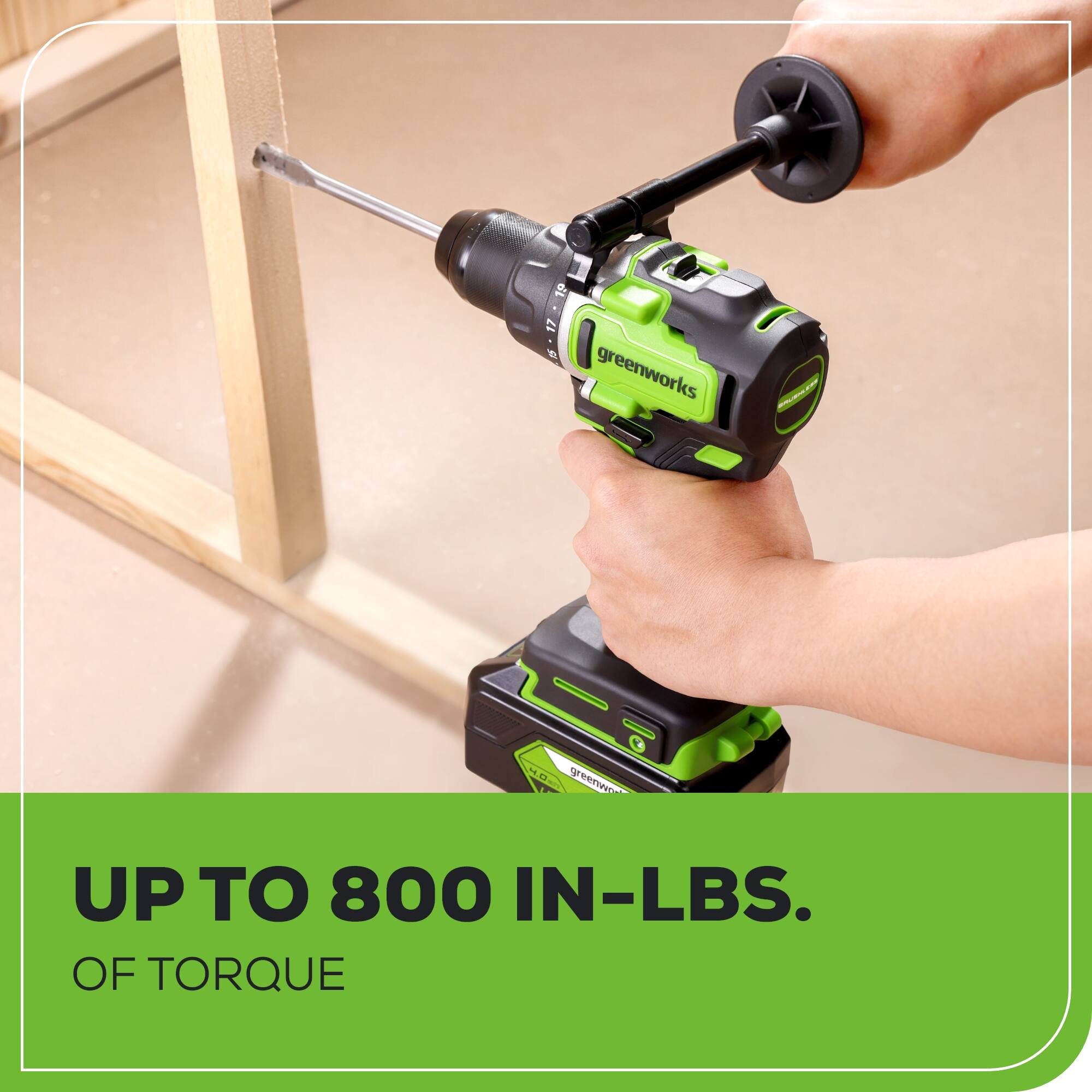 greenworks 1 R greenwk UP TO 800 IN-LBS. OF TORQUE