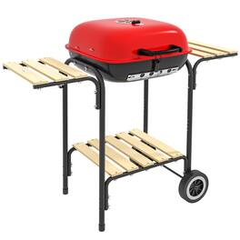 Outsunny - 17" Portable Charcoal Grill with Wheels, 2 Side Tables and Bottom Shelf, BBQ with Adjustable Vents on Lid for Picnic - Red