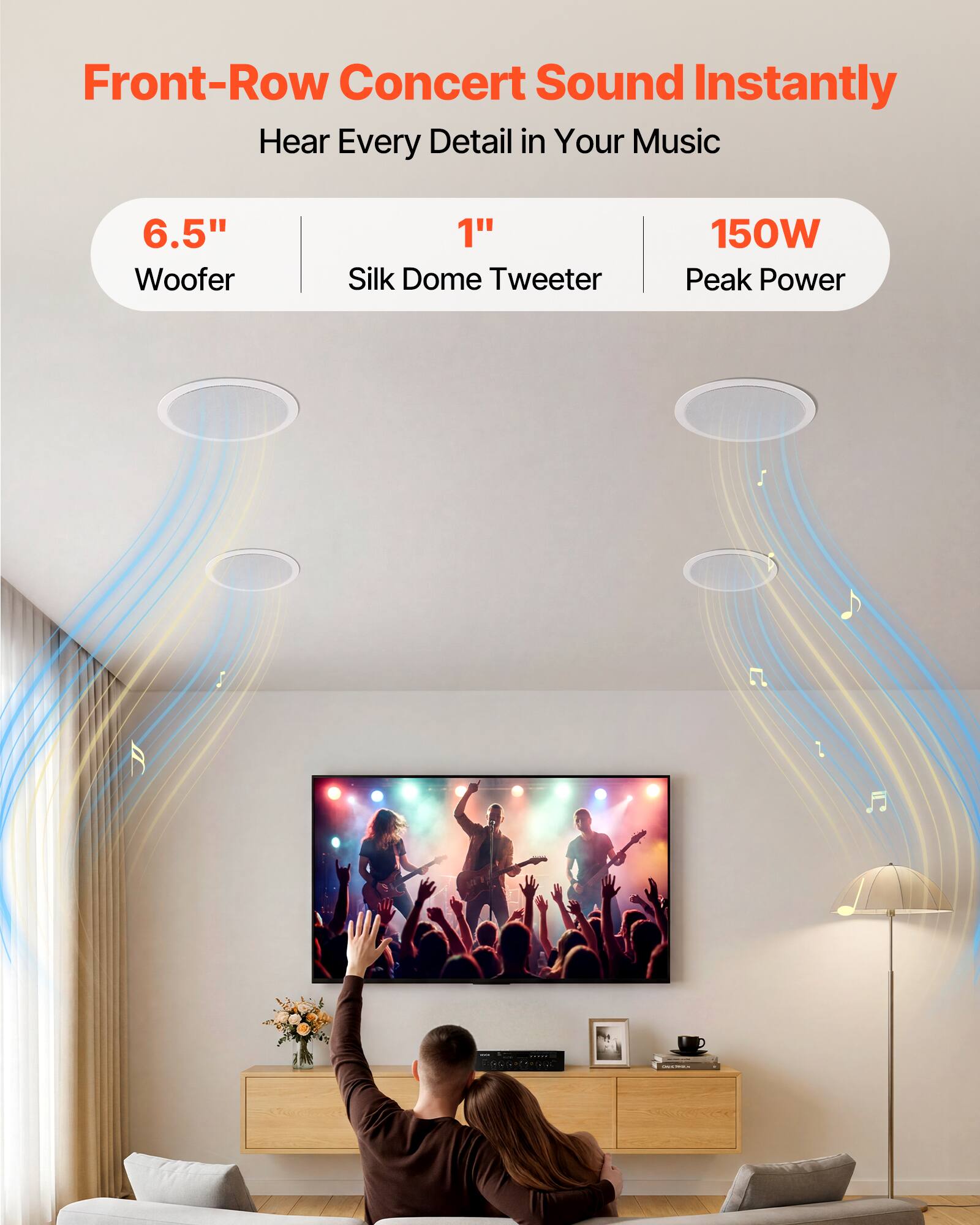Front-Row Concert Sound Instantly  
Hear Every Detail in Your Music  
6.5" Woofer  
1" Silk Dome Tweeter  
150W Peak Power