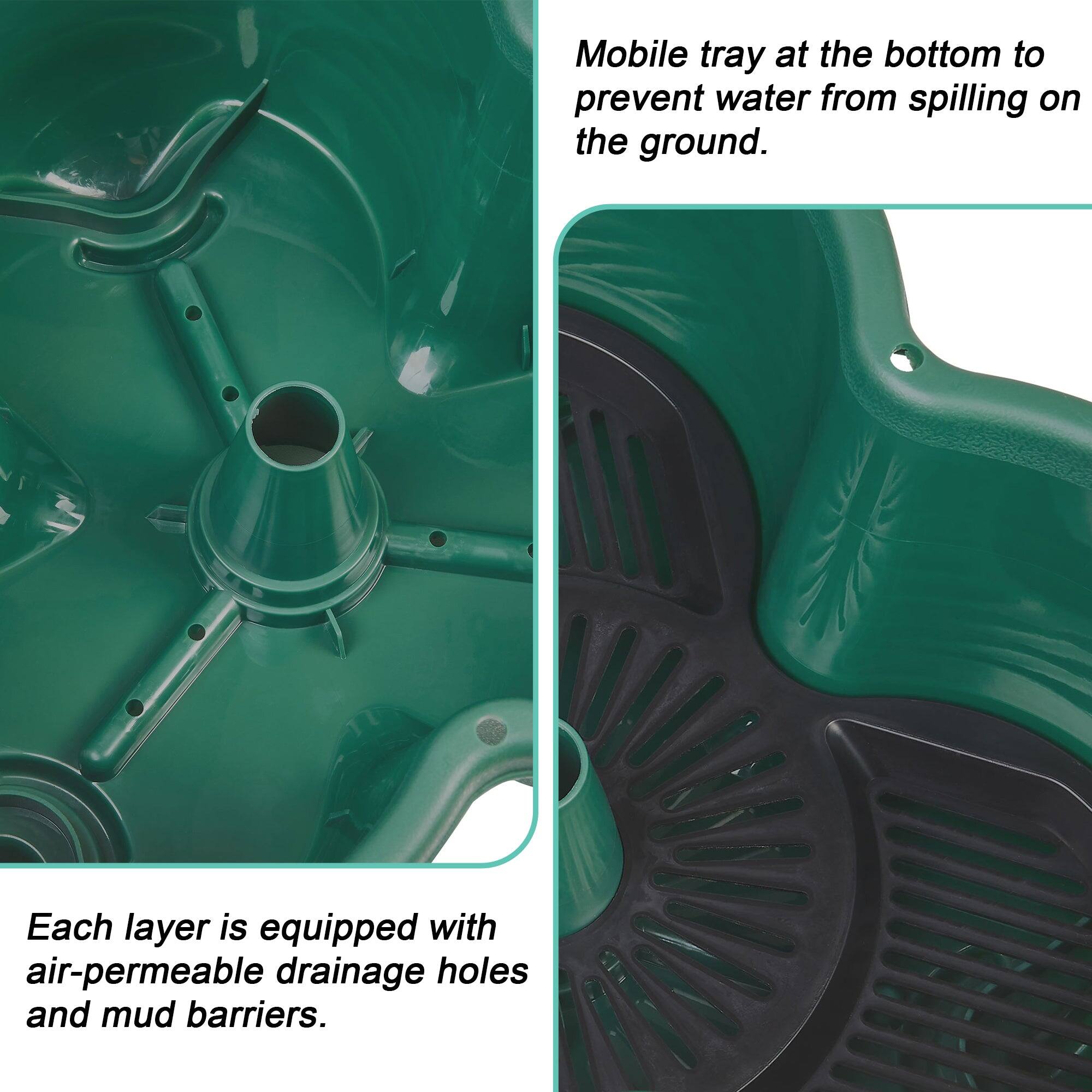 Mobile tray at the bottom to prevent water from spilling on the ground.

Each layer is equipped with air-permeable drainage holes and mud barriers.
